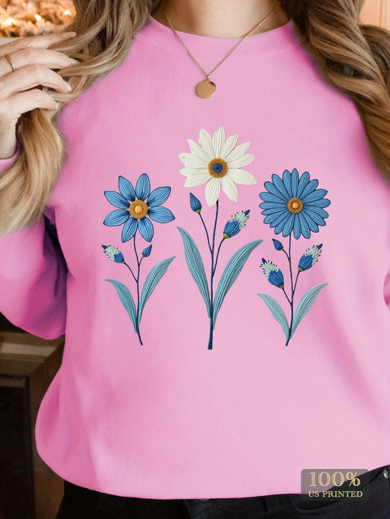 teediy Women's Casual Floral Embroidery Sweatshirt - Blue & White Flowers on Green, Long Sleeve Round Neck, Machine Washable, Autumn Winter Comfort, Winter Clothing, Relaxed Fit, Comfortable Fabric