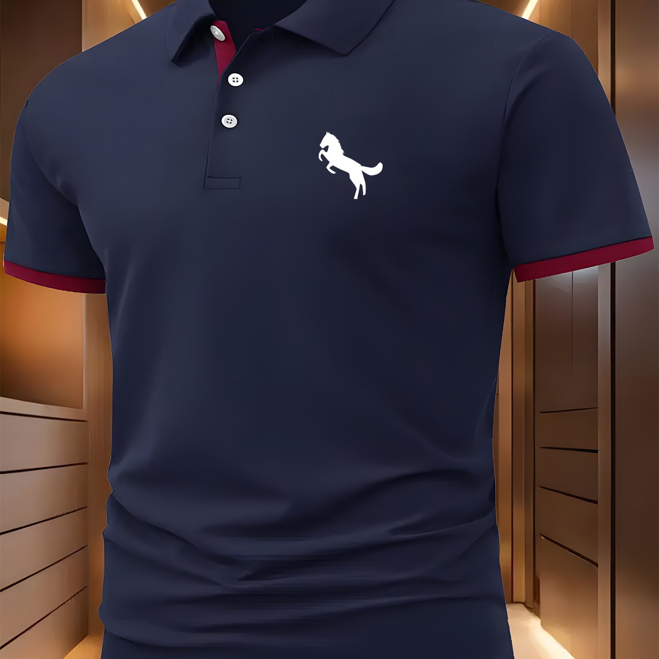 Horse Symbol Men'S New Polo Shirt with Front Pattern, Summer Polo Shirt, Casual Outdoor Short Sleeved Top, Button Neck, Slight Elasticity, Regular Fit, Suitable for Sports, Fishing, Fitness, Daily Wear