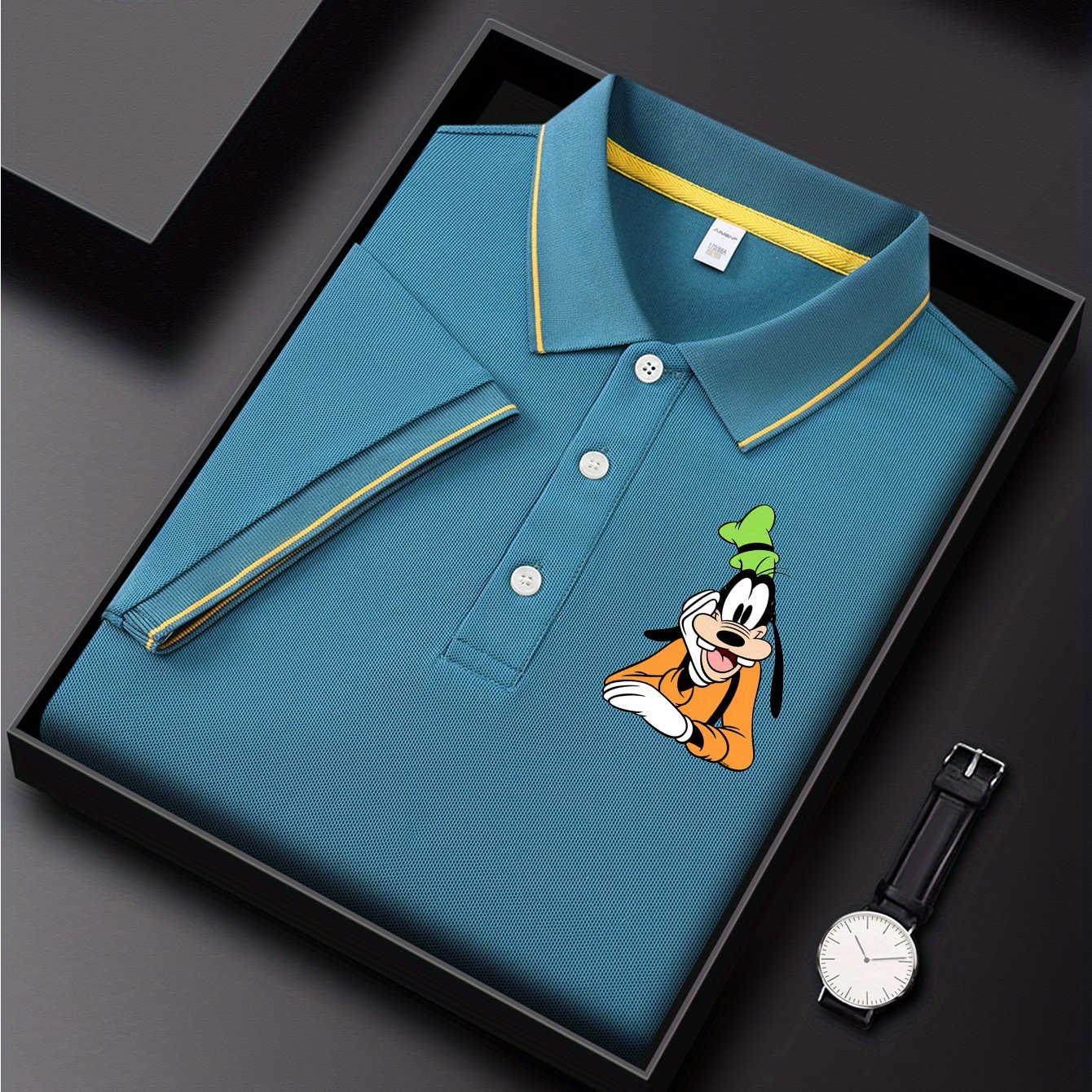 Disney Men's Classic Shirt with Goofy Dog Print - Lightweight Quick-Dry Breathable Polyester, Short Sleeve Collar, Business Casual Style, Summer Comfort, Display Gift Box - Perfect Father's Day Gift for Husband, Casual Comfor