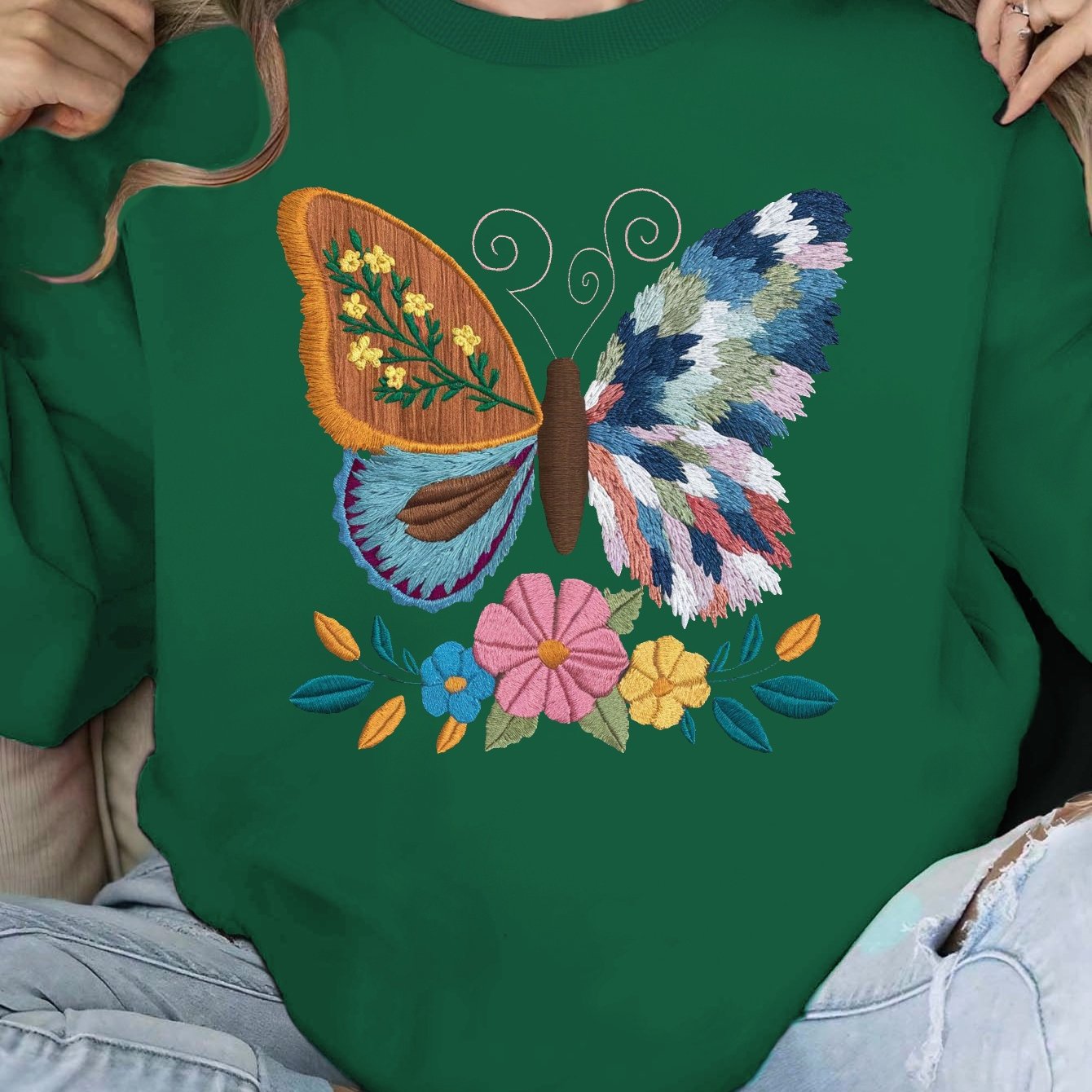 Women'S Casual Crew Neck Sweatshirt with Intricate Embroidered Butterfly and Floral Design, Geometric Pattern, Polyester Knit Fabric, Regular Length - Fall/Winter Collection