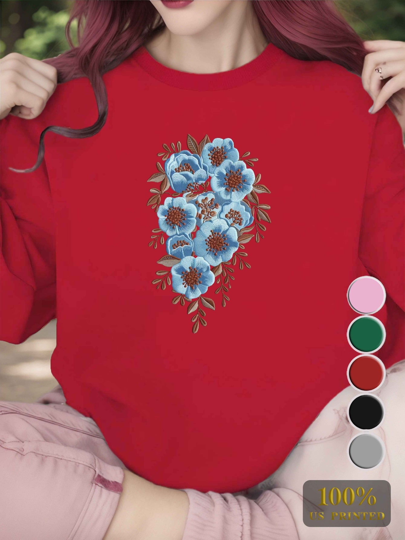 1pc Women'S Casual Floral Embroidery Crew Neck Sweatshirt - Polyester Knit Fabric, Geometric Pattern, Regular Length, Fall/Winter Collection