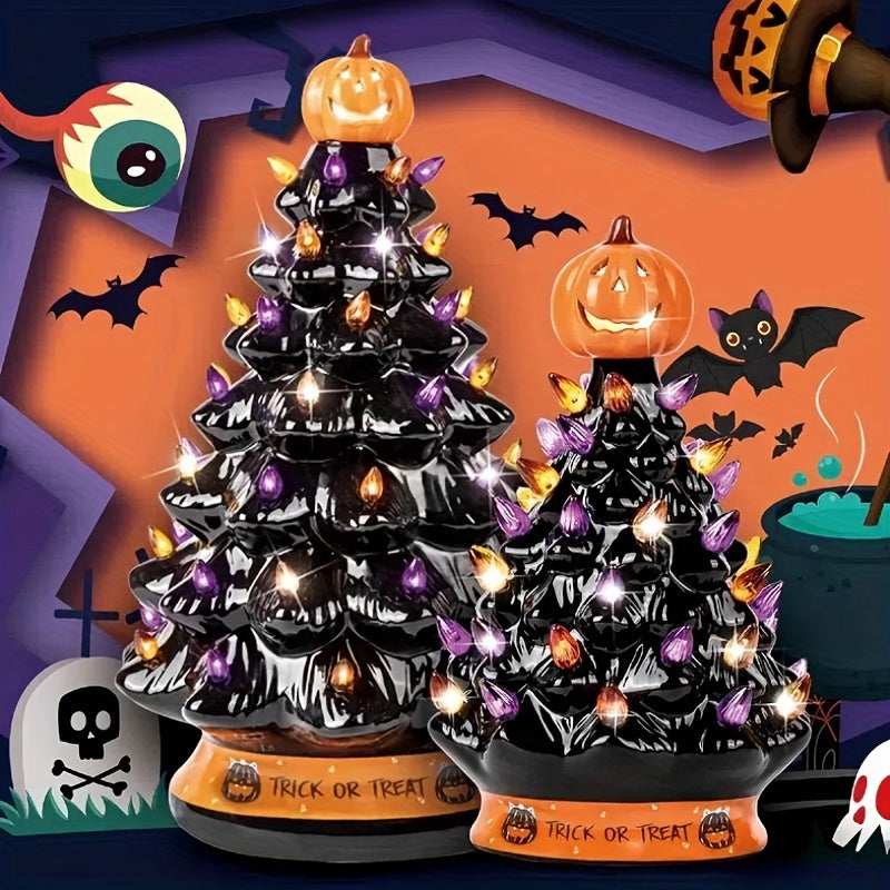 2025 Best Christmas Tree - Ceramic Tree for Halloween/Christmas Decoration Orange Pumpkin Head - Trick Or Treat- LED Light Up, Battery not Included - Christmas/Halloween Gift