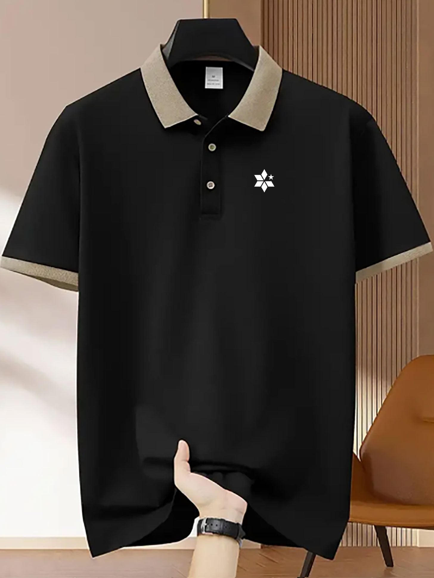 Men's Breathable Stretch Shirt - Summer Short Sleeve Button- Collar with Geometric Print, Black & Beige Contrast Trim, Regular Fit for Golf, Tennis, Business Casual & Outdoor Activities, Golf Shirt, Active Lifestyle, Modern D