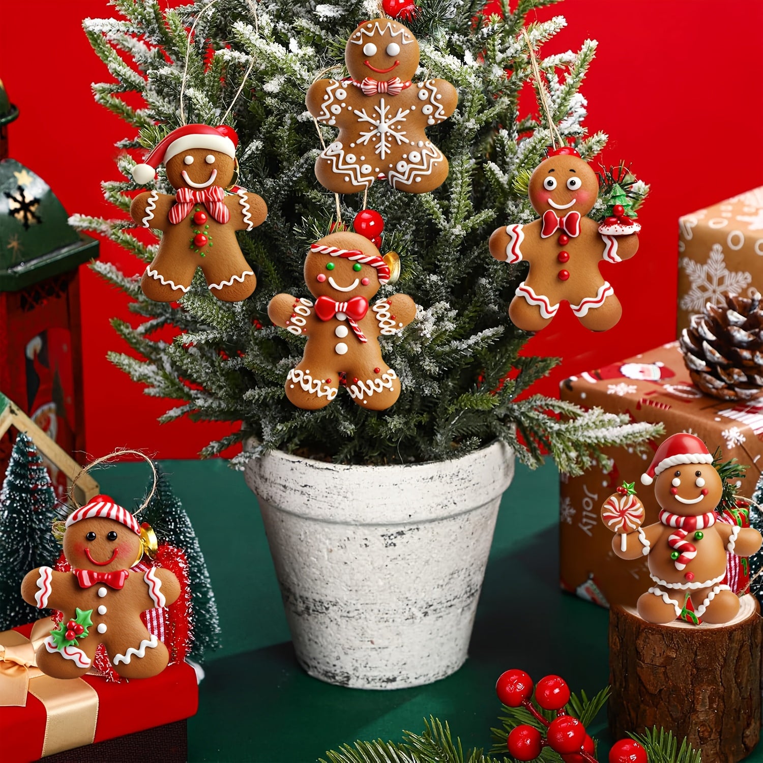 Wooden Gingerbread for Man Christmas Tree Ornaments Set - Festive Holiday Decorations for Home & Party