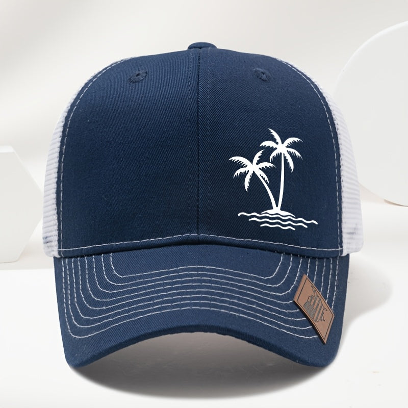 Sports Outdoor Sunshade Fashion Coconut Tree Pattern Print Exquisite Small Faux Leather Badge Hard Top Baseball Cap Hip Hop Duckbill Hat Casual Versatile Fashion Mesh Cap Men and Women Universal Outdoor Party Truck Driver Hat