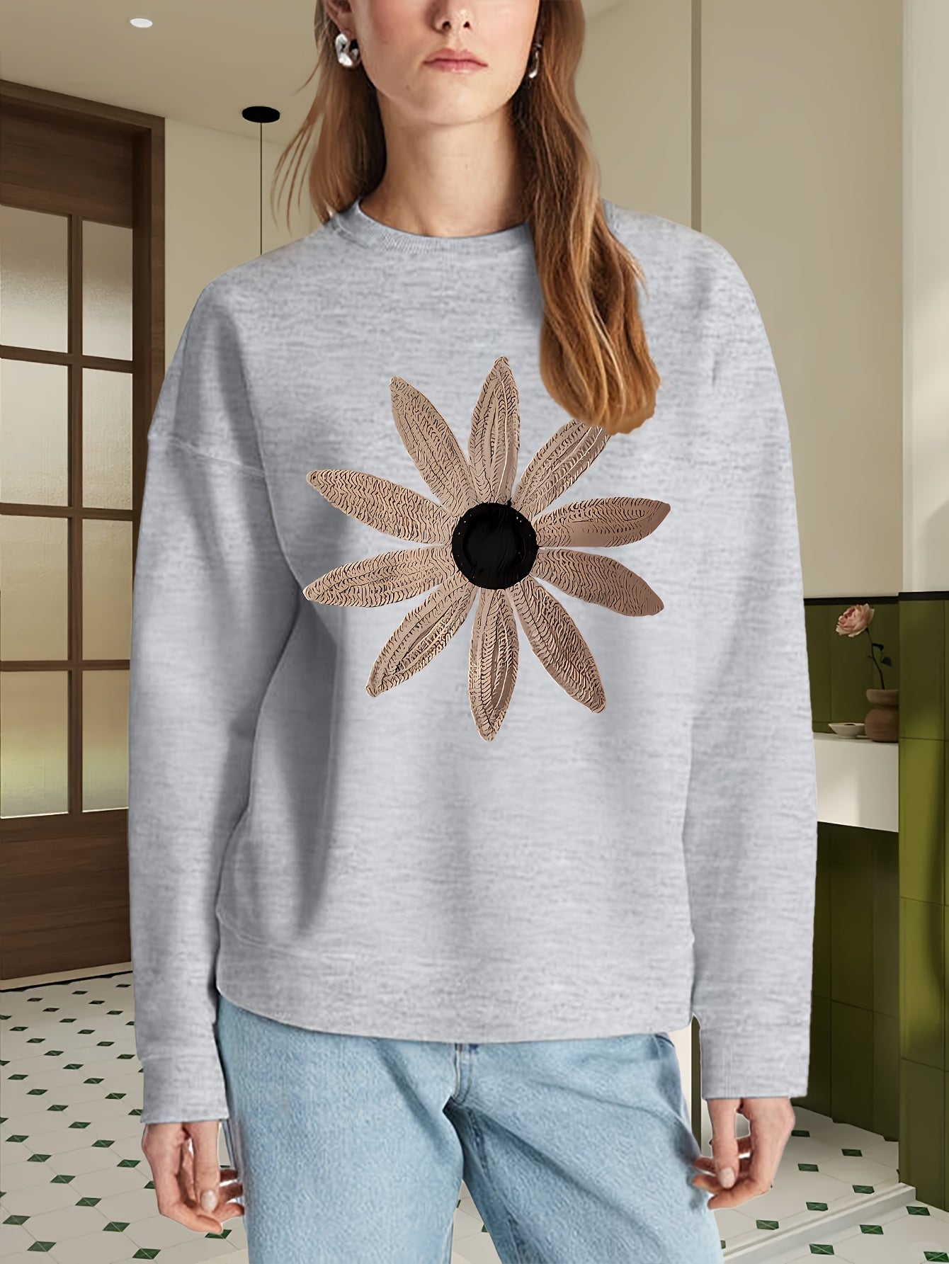 Women's Flower Embroidery Crew - Neck Long - Sleeve Casual Loose Crew - Neck Sweatshirt, Machine - Washable Embroidery Pattern Comfortable Women's Crew - Neck Sweatshirt, The Most Stylish And Comfortable Gift for Female Frien