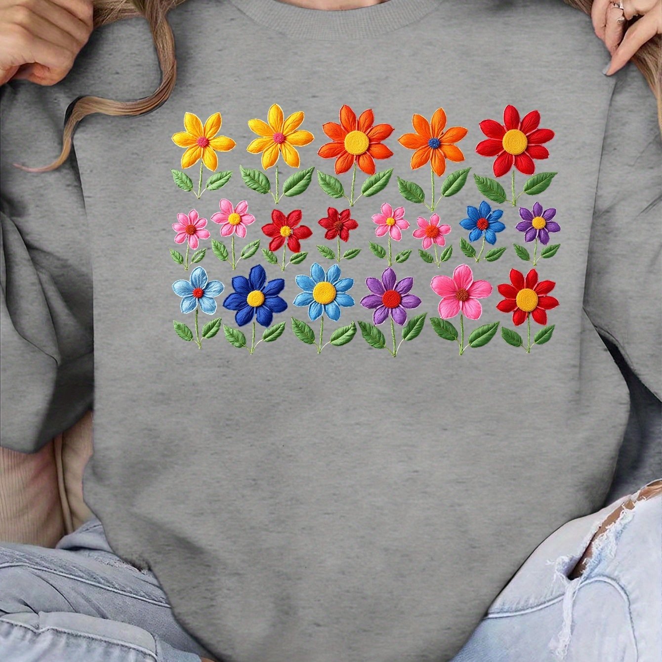 Colorful embroidered flowers Women's plus size sweatshirt