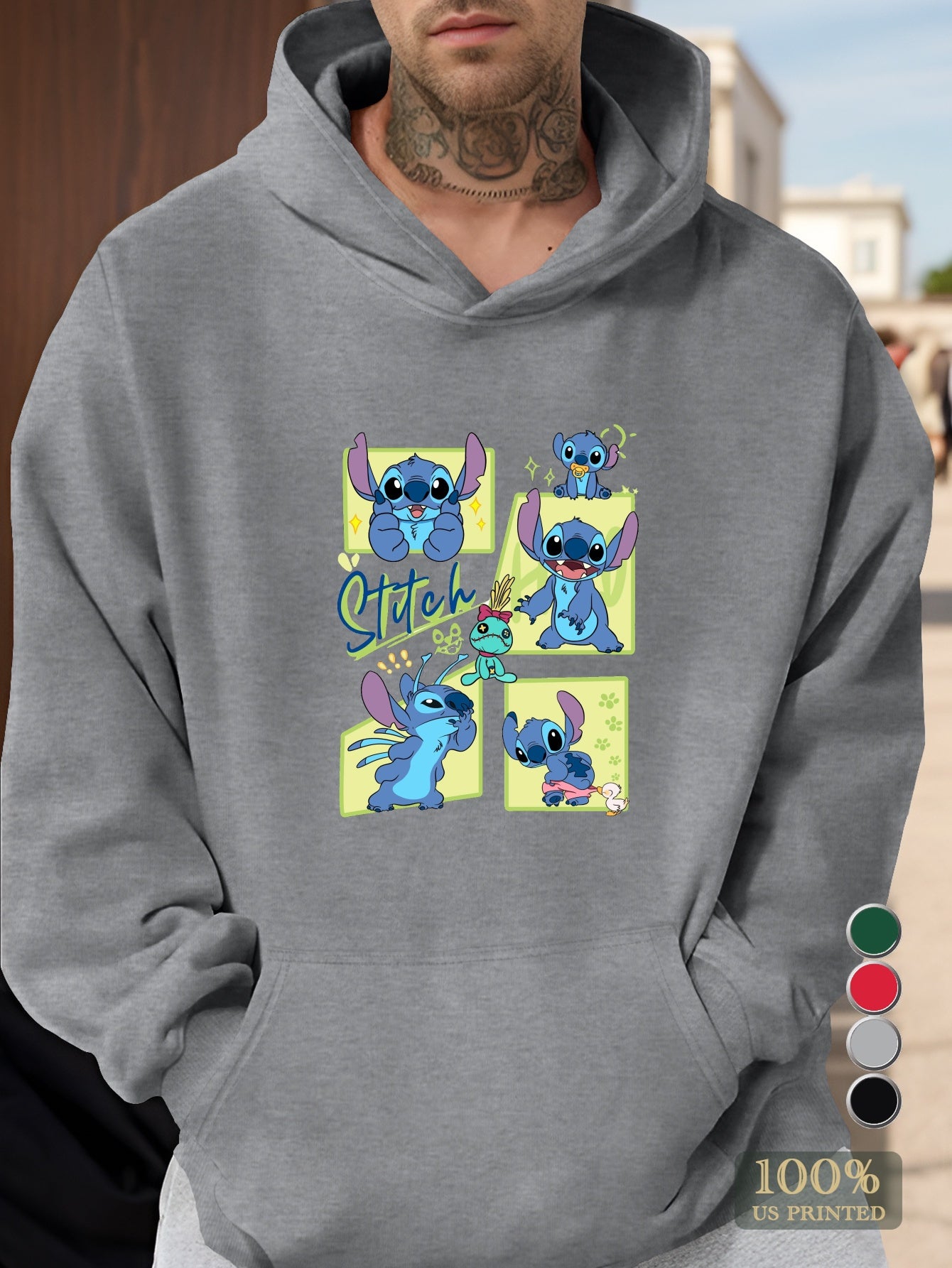 Men'S Stitch Cartoon Character Hoodie - Gray Casual Pullover with Front Pocket, Loose Fit, Long Sleeve, Non-Stretch Fabric for Fall/Winter, Cute Hoodies