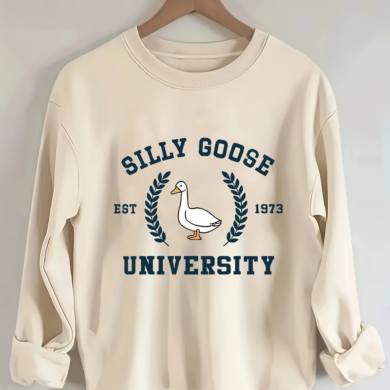 Silly Goose Comfort Workshop Women's Casual Crew Neck Sweatshirt - Silly Goose University 1978 Graphic Print, Soft Beige, Regular Fit, Machine Washable, Allseason Apparel, Playful Design, Durable Fabric