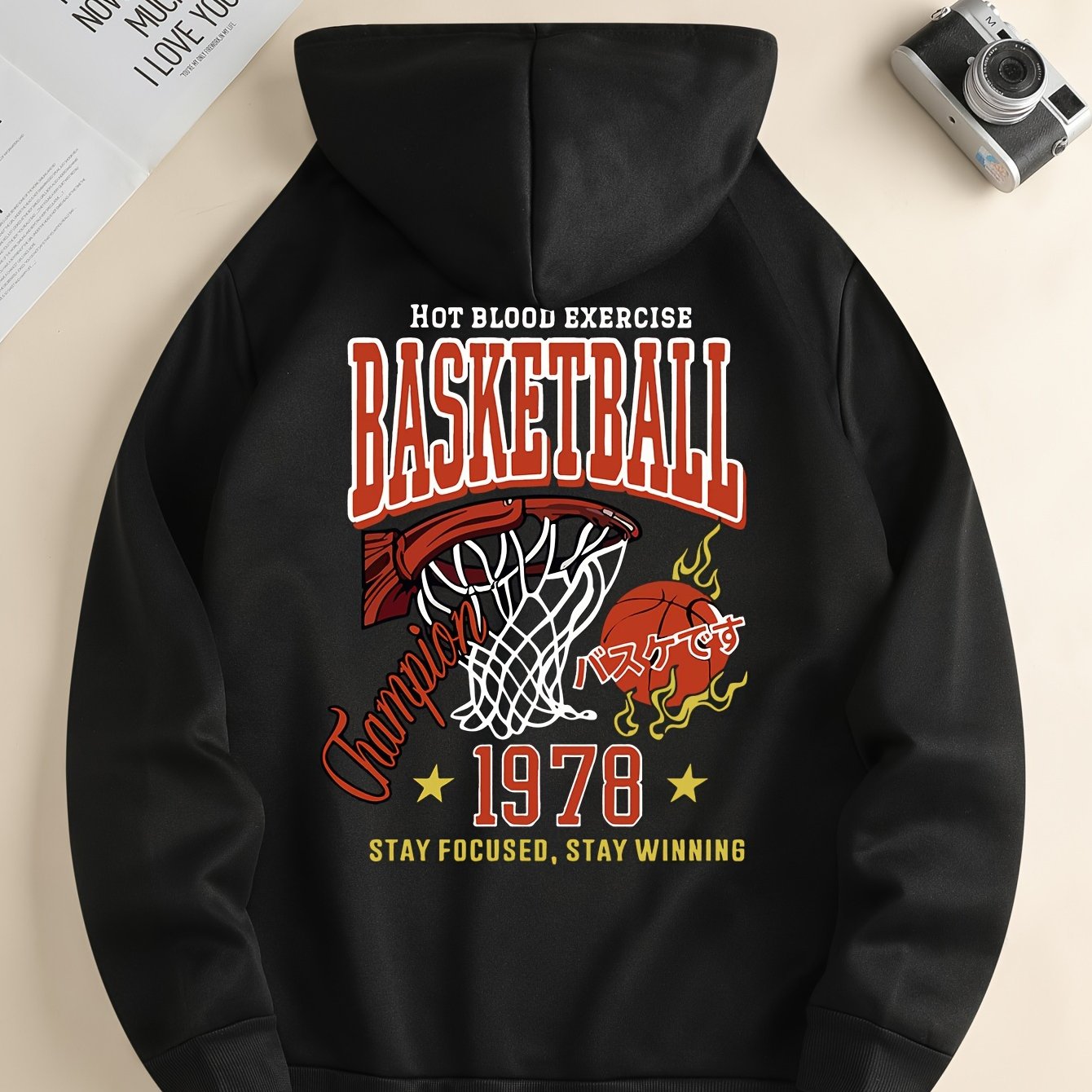 Men'S Retro Basketball Print Hoodie - Casual Drawstring Sweatshirt with Kangaroo Pocket, Breathable & Lightweight, Machine Washable, Black with Orange & White Graphic Design, Perfect for Spring & Fall, Basketball Apparel | Sp