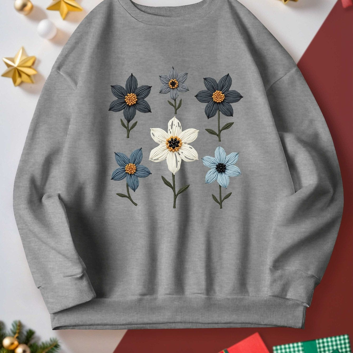 Women's Plus Size Casual Sweatshirt - Embroidered Floral Design with Beadwork, Vibrant Red Long Sleeve Round Neck Pullover, Machine Washable Autumn Winter Fashion Top, Cute Sweatshirts, Detailed Embroidery