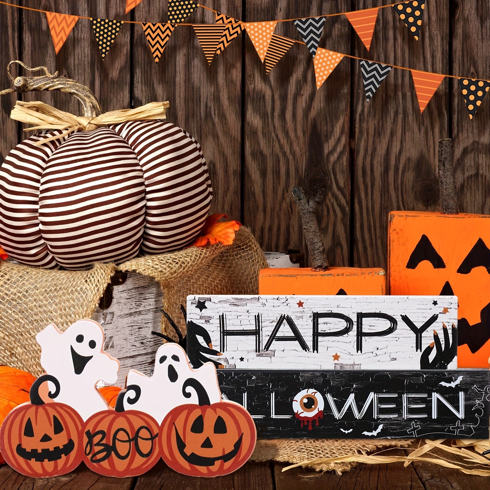 Happy Halloween Wooden Sign Centerpiece Pumpkin Ghost Eyeball Table Top Decor Spooky Rustic Freestanding Boo Tier Tray Halloween Decor Rustic Wood Block Plaque For Home Fireplace