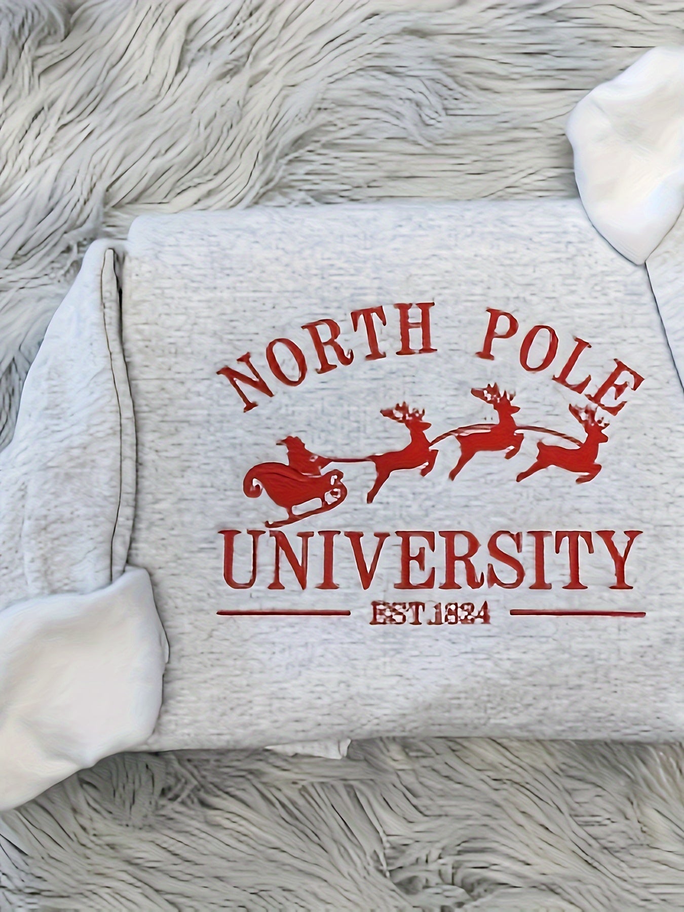 Women's Long Sleeve French Text Embroidered Round Neck Sweatshirt NORTH POLE UNIVERSITY