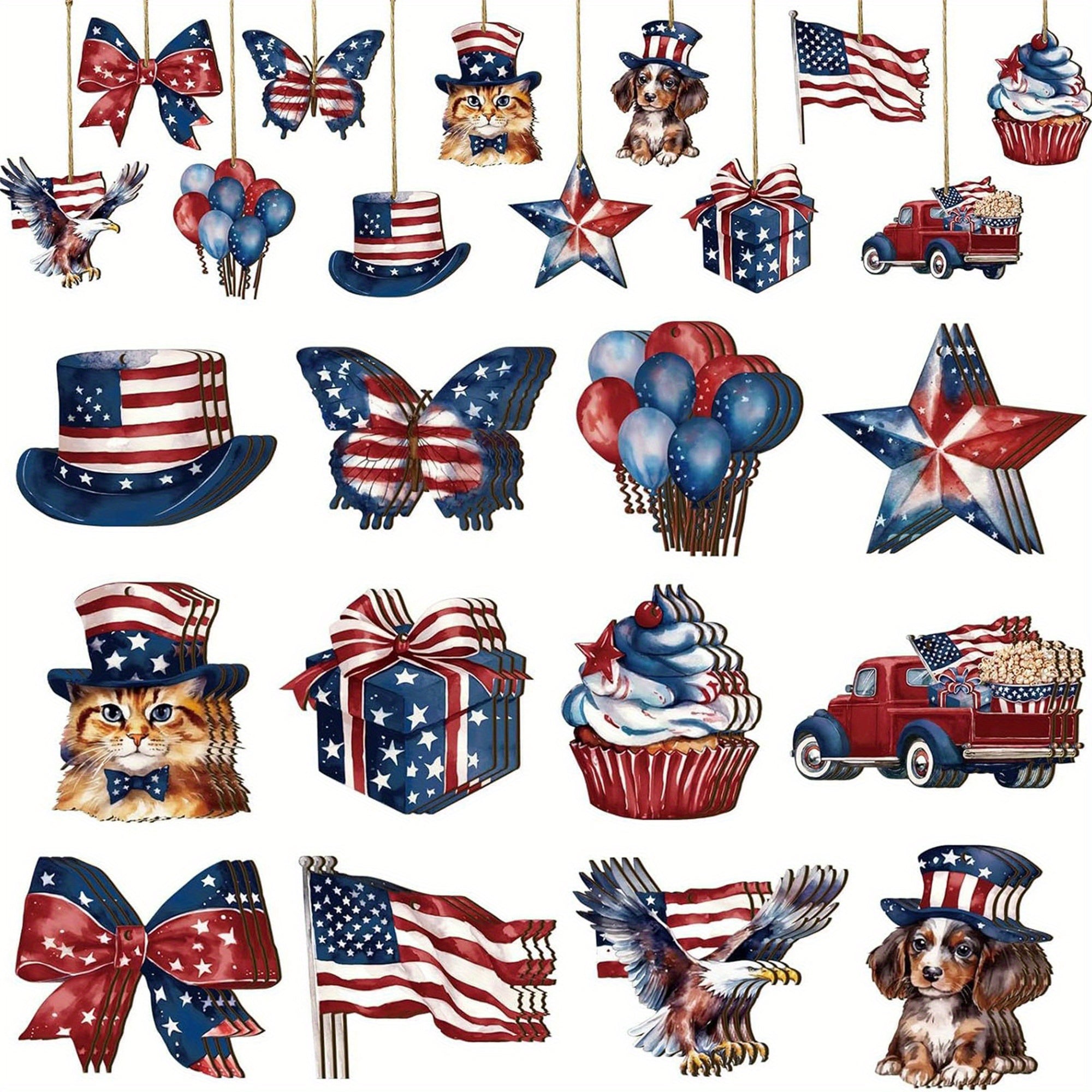 Patriotic Wooden Hanging Ornaments - Red, White & Blue American Flag Decorations for 4th of July, Memorial Day, and Independence Day Celebrations