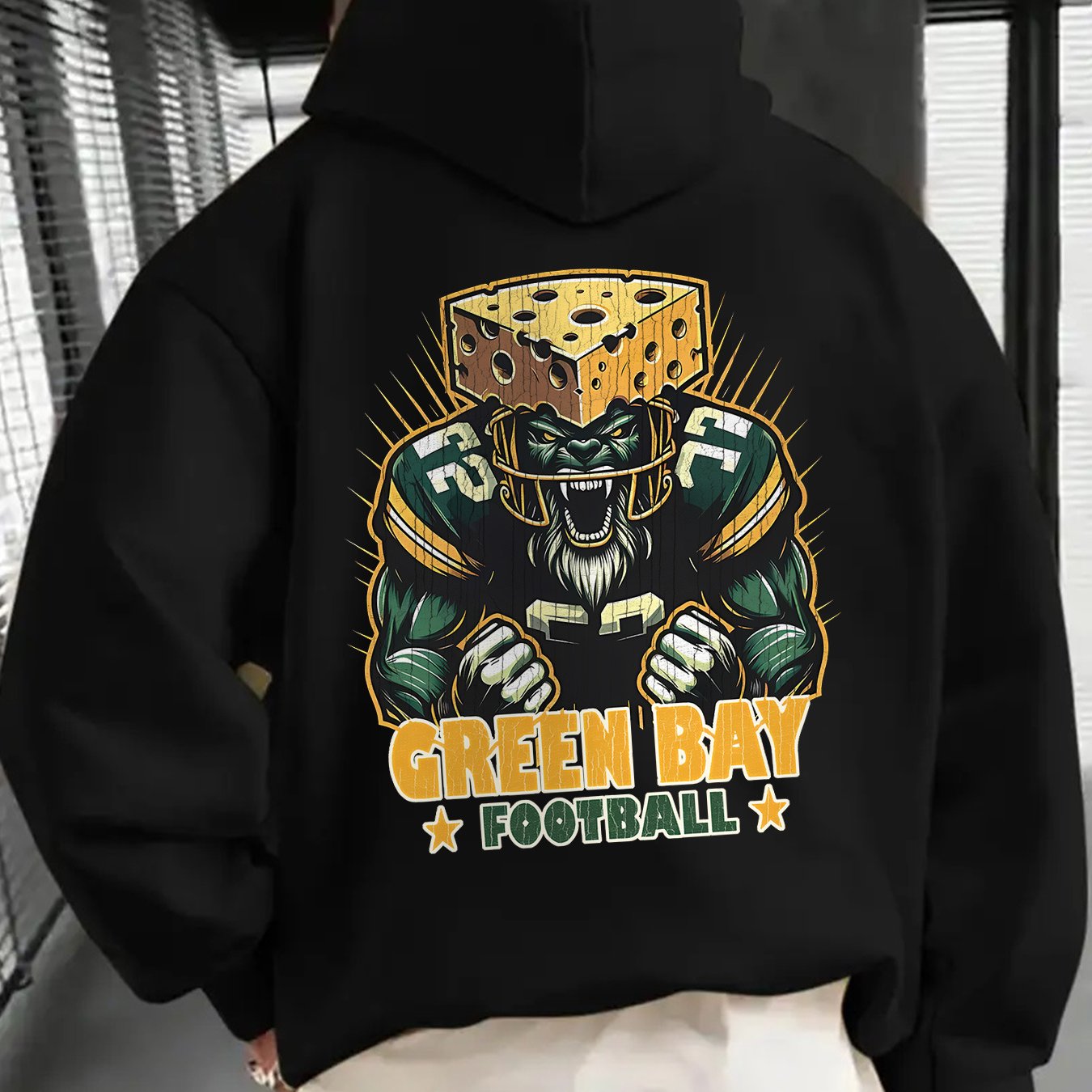 Green Bay Football Cheesehead Bear Graphic Hoodie - Cozy Fleece-Lined Casual Sweatshirt with Drawstring & Pockets, Unisex, Perfect for Football Fans, Stylish Print Hoodie for Autumn and Winter