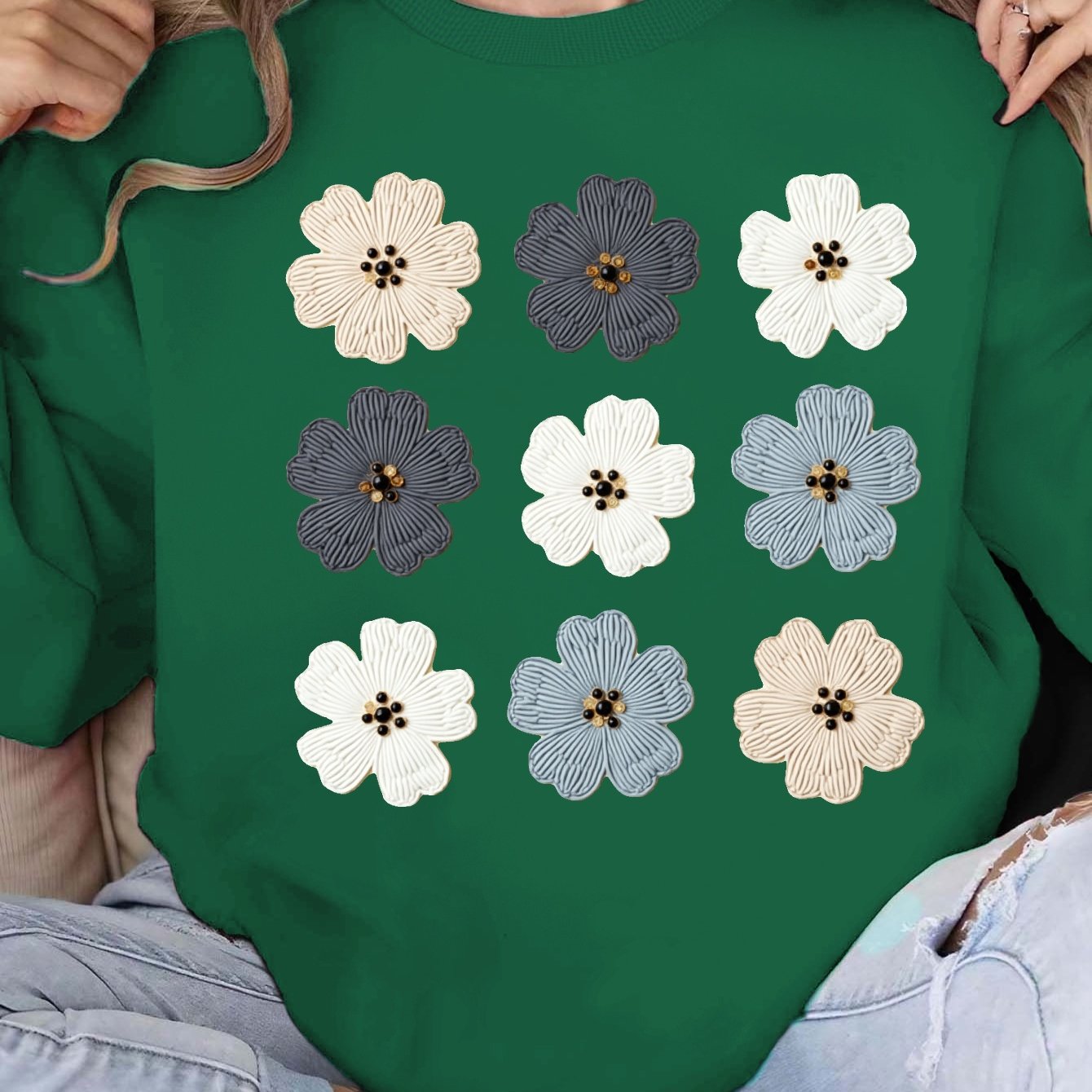 Women's Cozy Pink Floral Embroidered Sweatshirt with Bead Details - Soft Long Sleeve Pullover for Fall/Winter, Casual Round Neck Design, Machine Washable