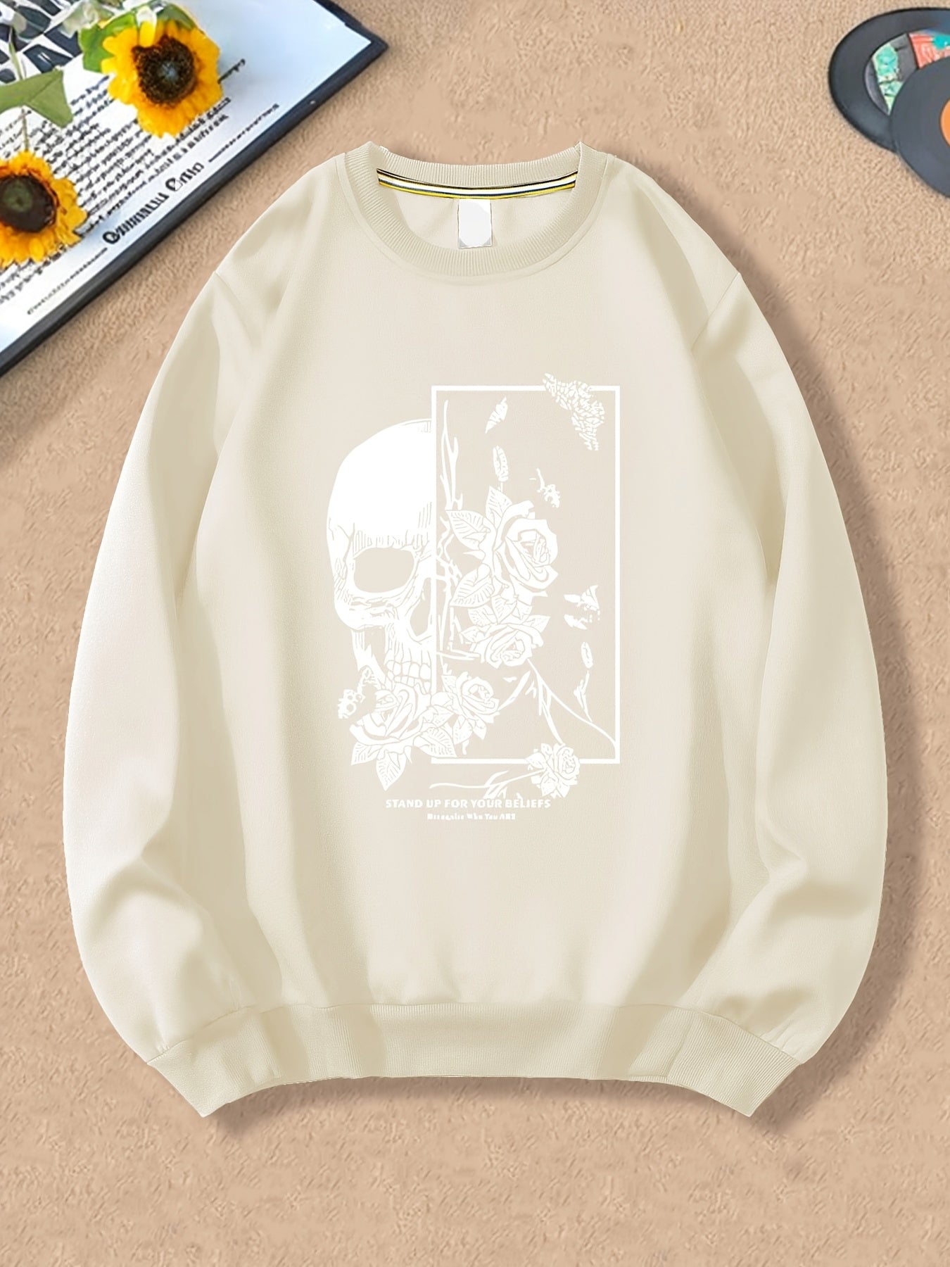 Spring And Autumn, Men'S Fashion Crew Neck Sweater, Skull Rose Letter Print Pattern, Outdoor Wear Inside And Outside With The Same Crew Neck Sweater For Men And Women