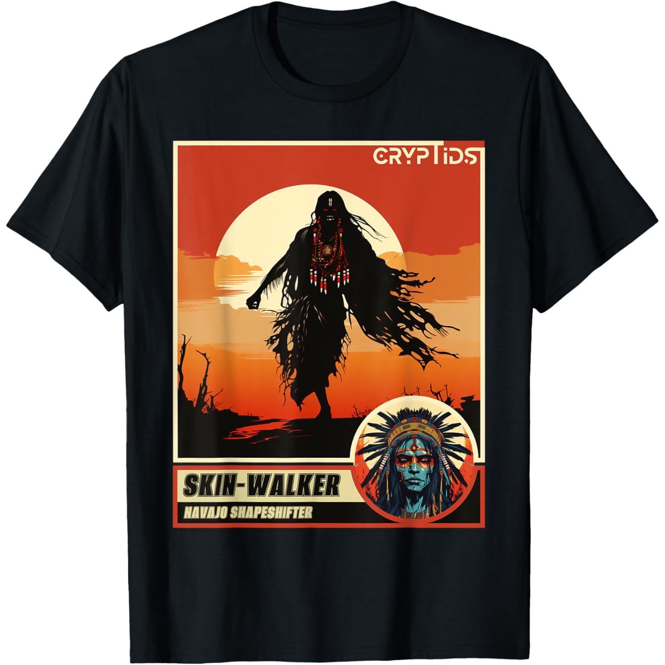 Native American Cryptid Skinwalker T-Shirt - 180g 100% Cotton Men's Graphic Tee with Vibrant Sunset Desert Print, Tribal Headdress Design & Bold Cryptid Text, Machine Washable Crew Neck Casual Shirt for Summer (S-XXXL), Stree