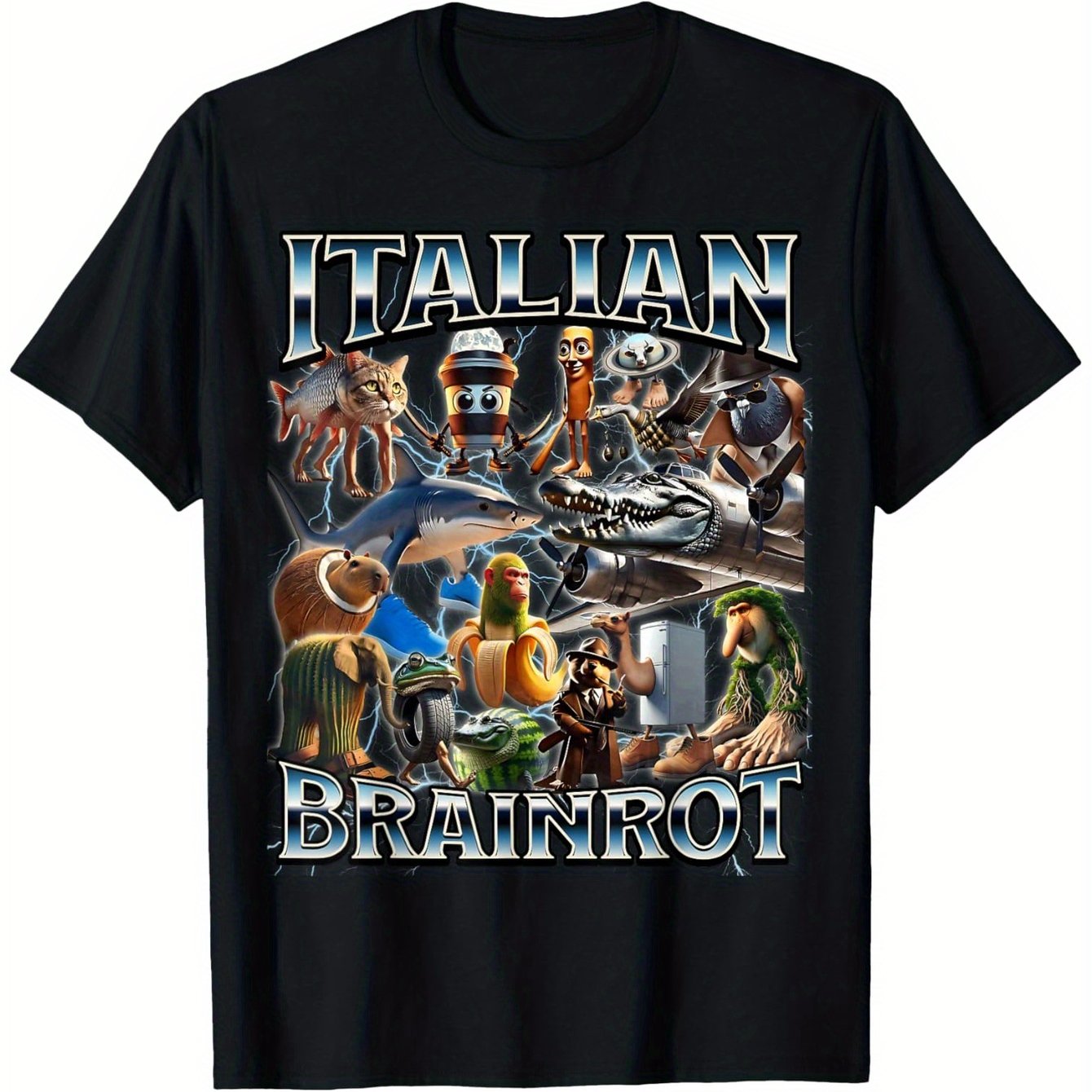 Boy Girl Italian Brainrot Meme T-Shirt, Pure Cotton T-Shirt, Crew Neck, Short Sleeve, Geometric Print, Casual Pj's, Perfect Gift for Boys & Girls
