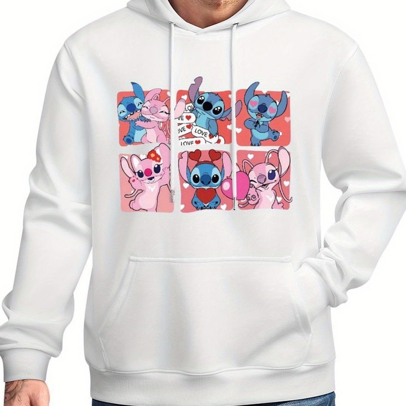 Disney Men's Black Retro Pullover Hoodie with Stitch & Angel Valentine's Digital Print, Soft Regular Fit Casual Sweatshirt, Machine Washable, Front Pocket, Disney Friends Graphic Design, Disney Hoodie, Durable Comfort Wear
