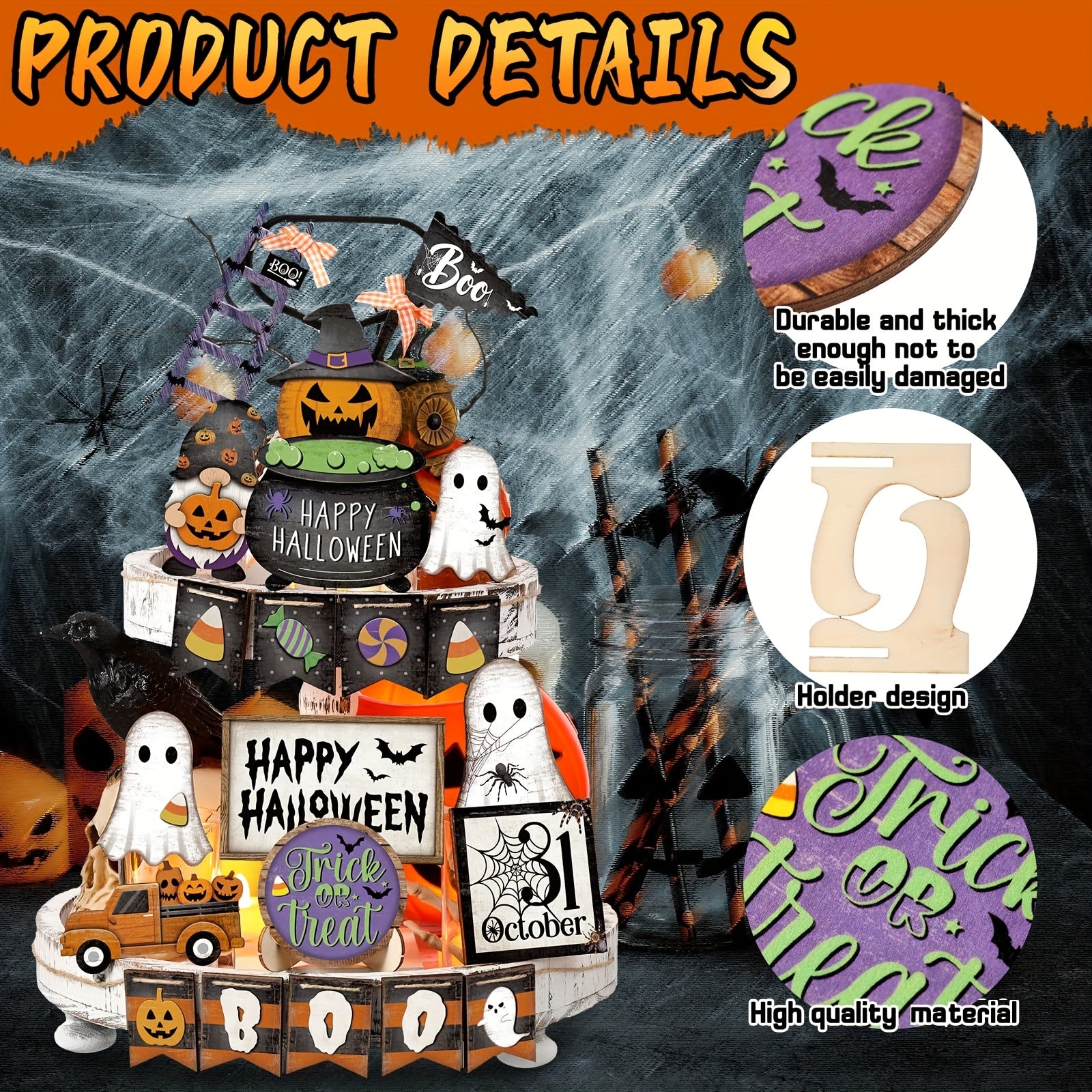 Halloween Tiered Tray Decor Set Happy Halloween Wooden Signs Rustic Table Centerpieces Farmhouse Decor For Home Table Kitchen, Tray Not Included (Pumpkin)