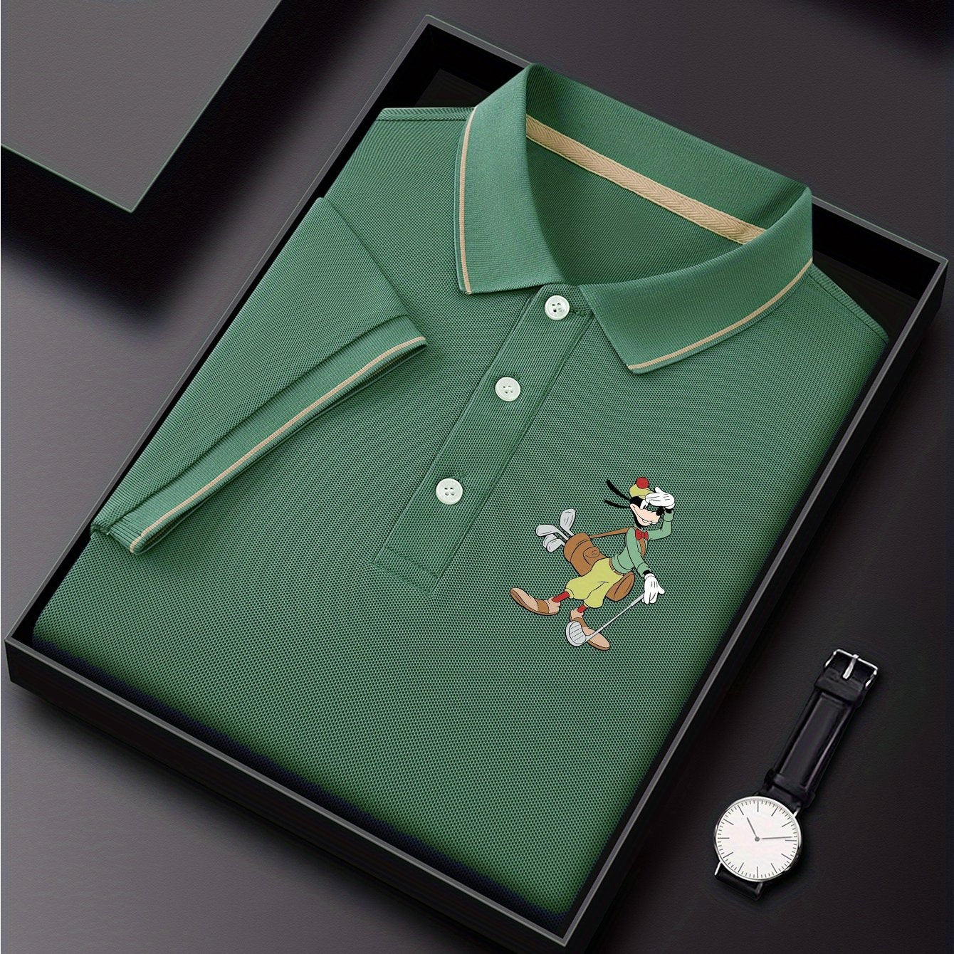 Disney Goofy Golf Print Shirt for Men & Women - Lightweight Quick-Dry Breathable Polyester, Color-Blocked Collar Design, Business Casual Golf & Summer Wear, Machine Washable, Gift Box Included, Sports Leisurewear, Durable Spo