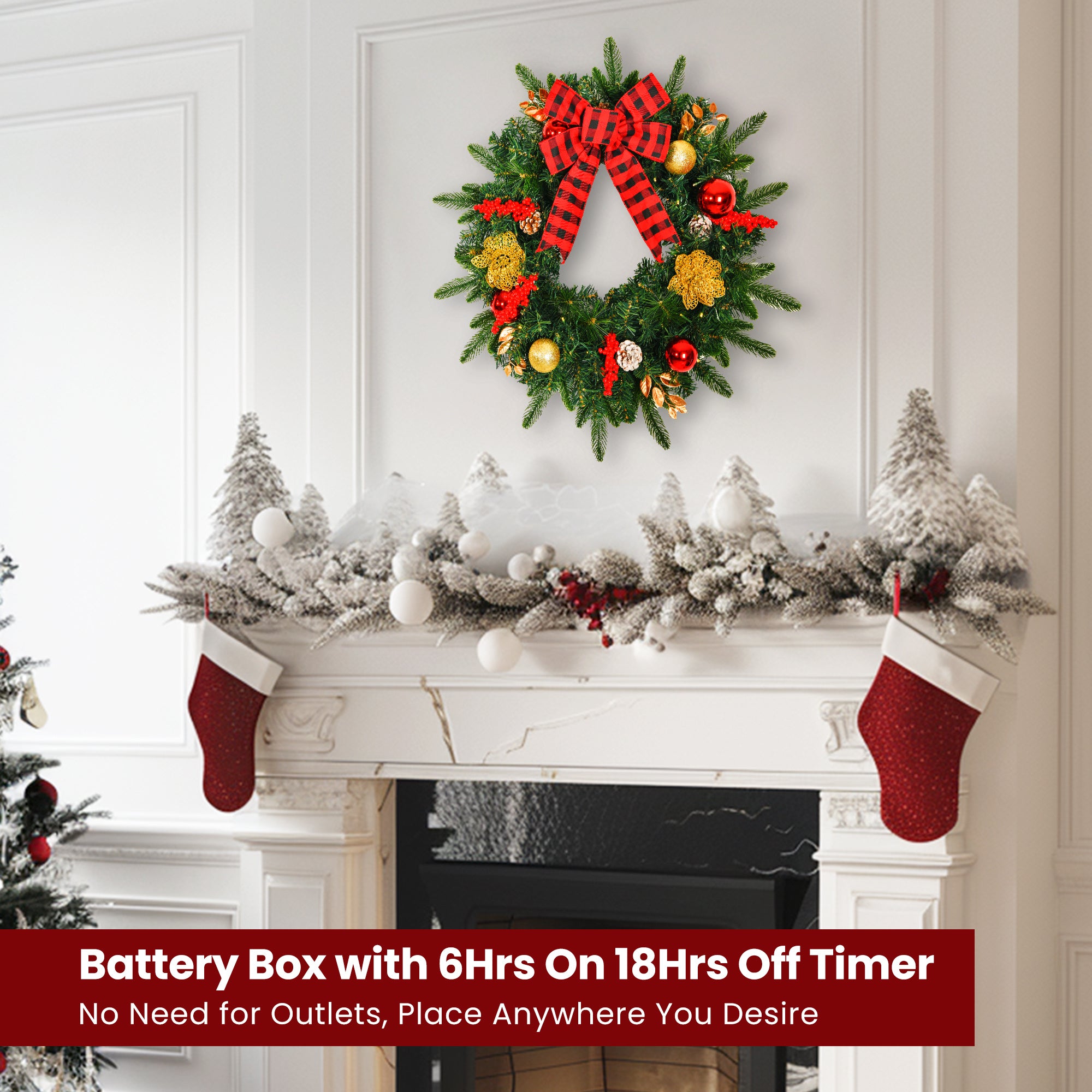 28inch 8 Modes Extra Large Pre-lit Christmas Wreath Artificial Deluxe Lighted Christmas Wreath Decorations Ornament with LED Lights Door Window Fireplace Decor Timer Function