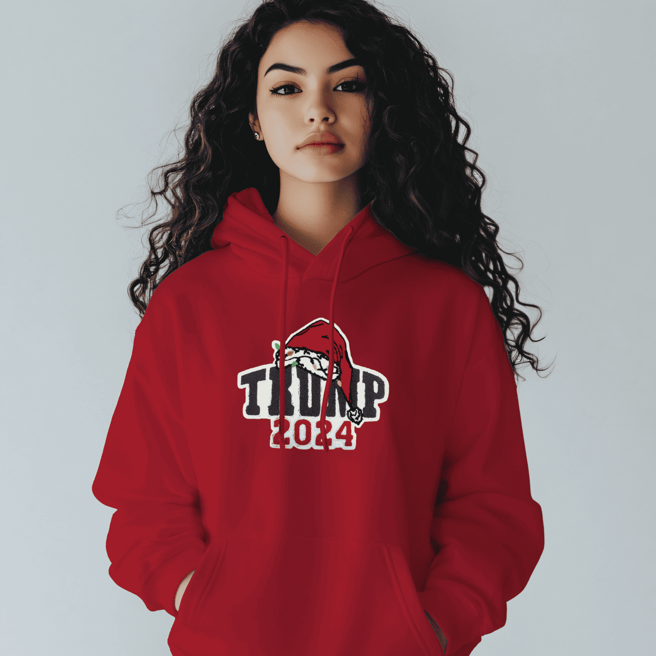 Trump 2024 Women's Embroidered Applique Hoodie - Casual & Sporty, Long Sleeve, Blend, White with Santa Hat Design, Perfect Gift Idea for Spring