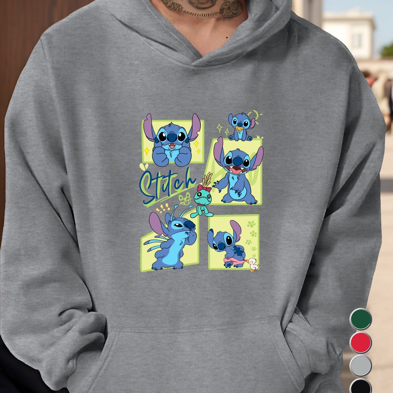 Men'S Stitch Cartoon Character Hoodie - Gray Casual Pullover with Front Pocket, Loose Fit, Long Sleeve, Non-Stretch Fabric for Fall/Winter, Cute Hoodies