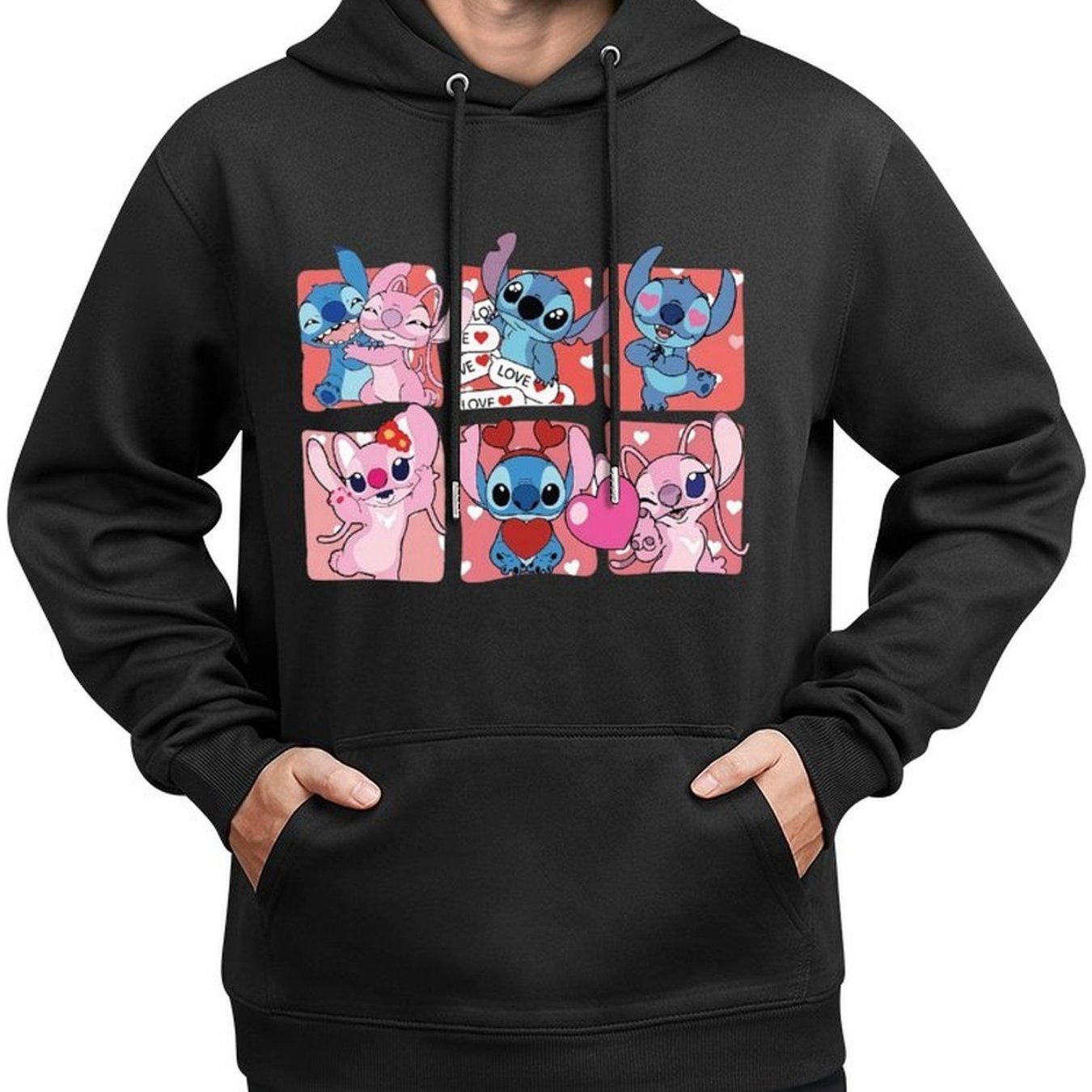 Disney Men's Black Retro Pullover Hoodie with Stitch & Angel Valentine's Digital Print, Soft Regular Fit Casual Sweatshirt, Machine Washable, Front Pocket, Disney Friends Graphic Design, Disney Hoodie, Durable Comfort Wear