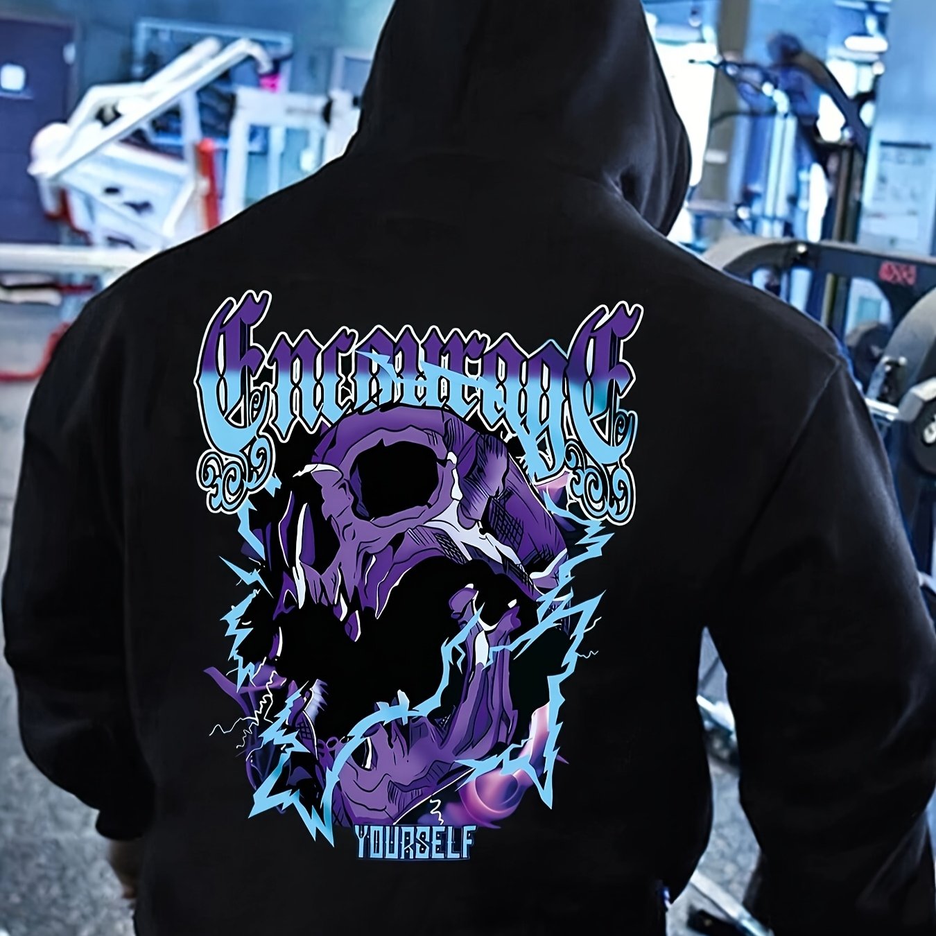 Men's Black Skull & Lightning Bolt Graphic Hoodie - Relaxed Fit Casual Pullover with