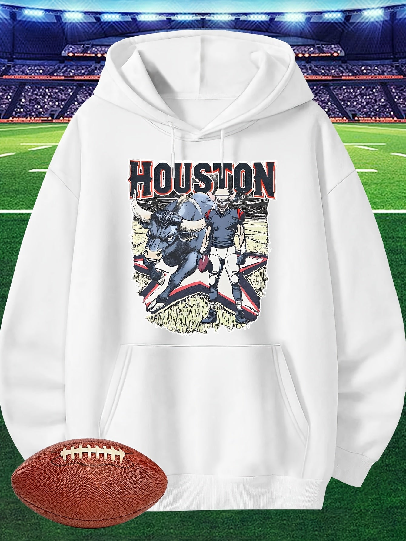 Men's Houston Football Hoodie - Red Long Sleeve Sweatshirt with Cartoon Player Design, Casual Pullover for Fans, Lightweight 280g, Perfect for Game Day or Casual Attire