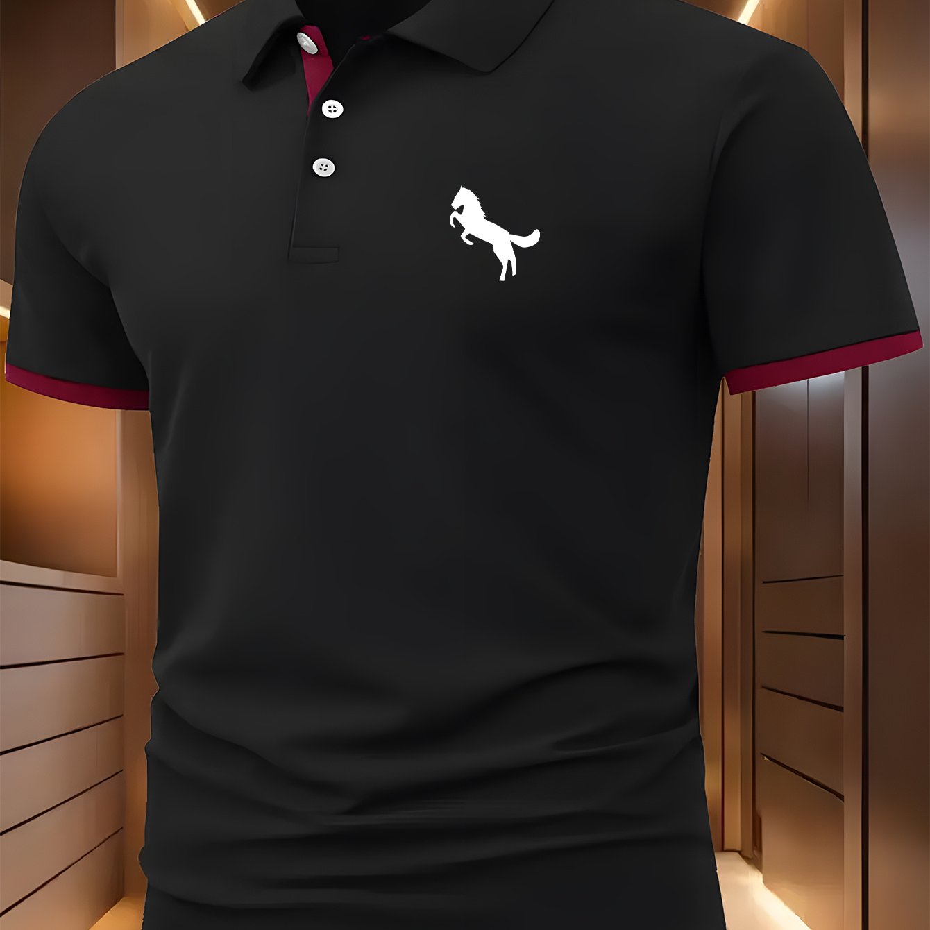 Horse Symbol Men'S New Polo Shirt with Front Pattern, Summer Polo Shirt, Casual Outdoor Short Sleeved Top, Button Neck, Slight Elasticity, Regular Fit, Suitable for Sports, Fishing, Fitness, Daily Wear