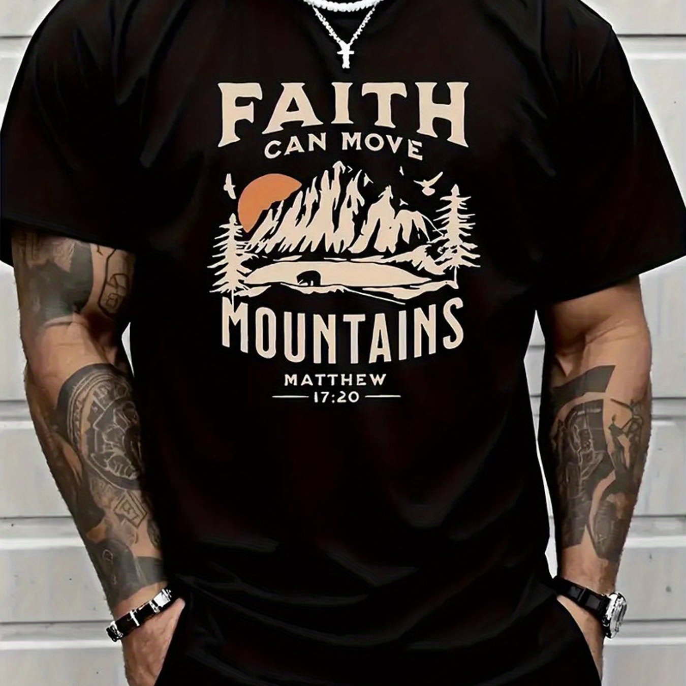 Faith Can Move Mountains Men's 100% Cotton T-Shirt - Inspirational Biblical Print, Round Neck Short Sleeve Casual Tee, Black with White Lettering, Seasonal Trendy High Street Fashion, Casual Wear | Faith Inspired Design | Com