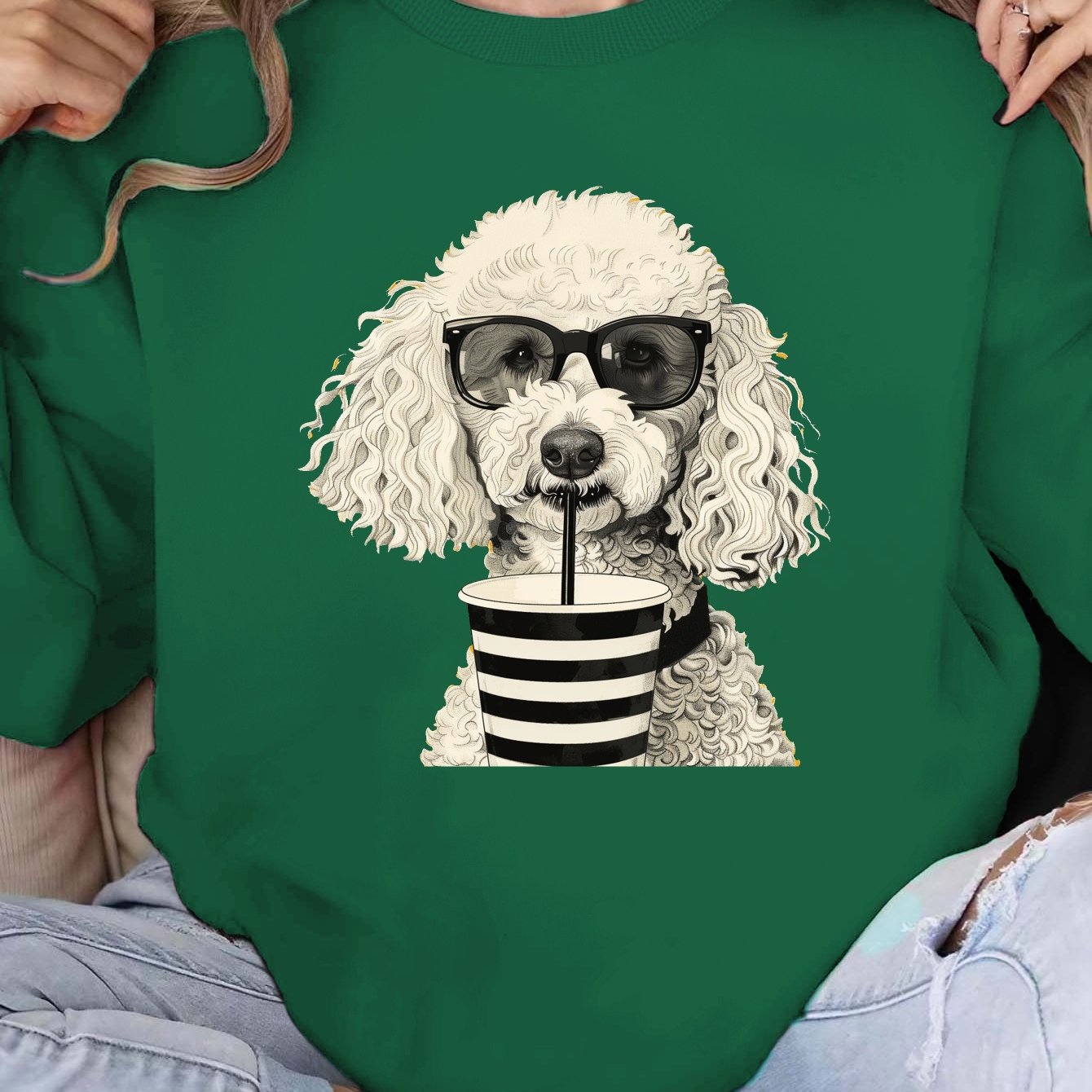 white poodle with sunglasses women's sweatshirts