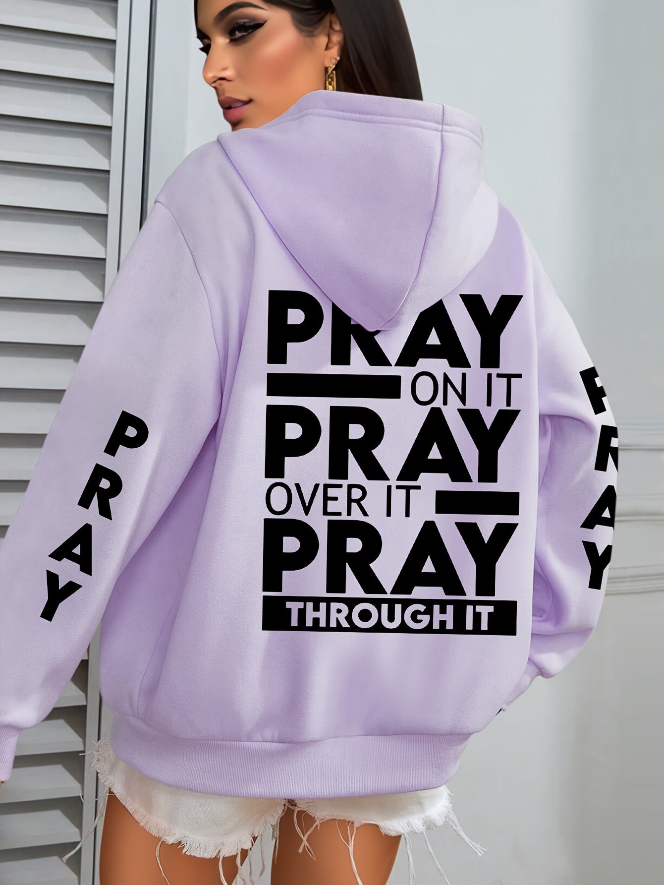 Plus Size PRAY Print Kangaroo Pocket Hoodie - Cozy Casual Long Sleeve Drawstring Sweatshirt with Relaxed Fit for Spring and Fall, Soft and Breathable Fabric, Women's Comfortable Plus Size Clothing