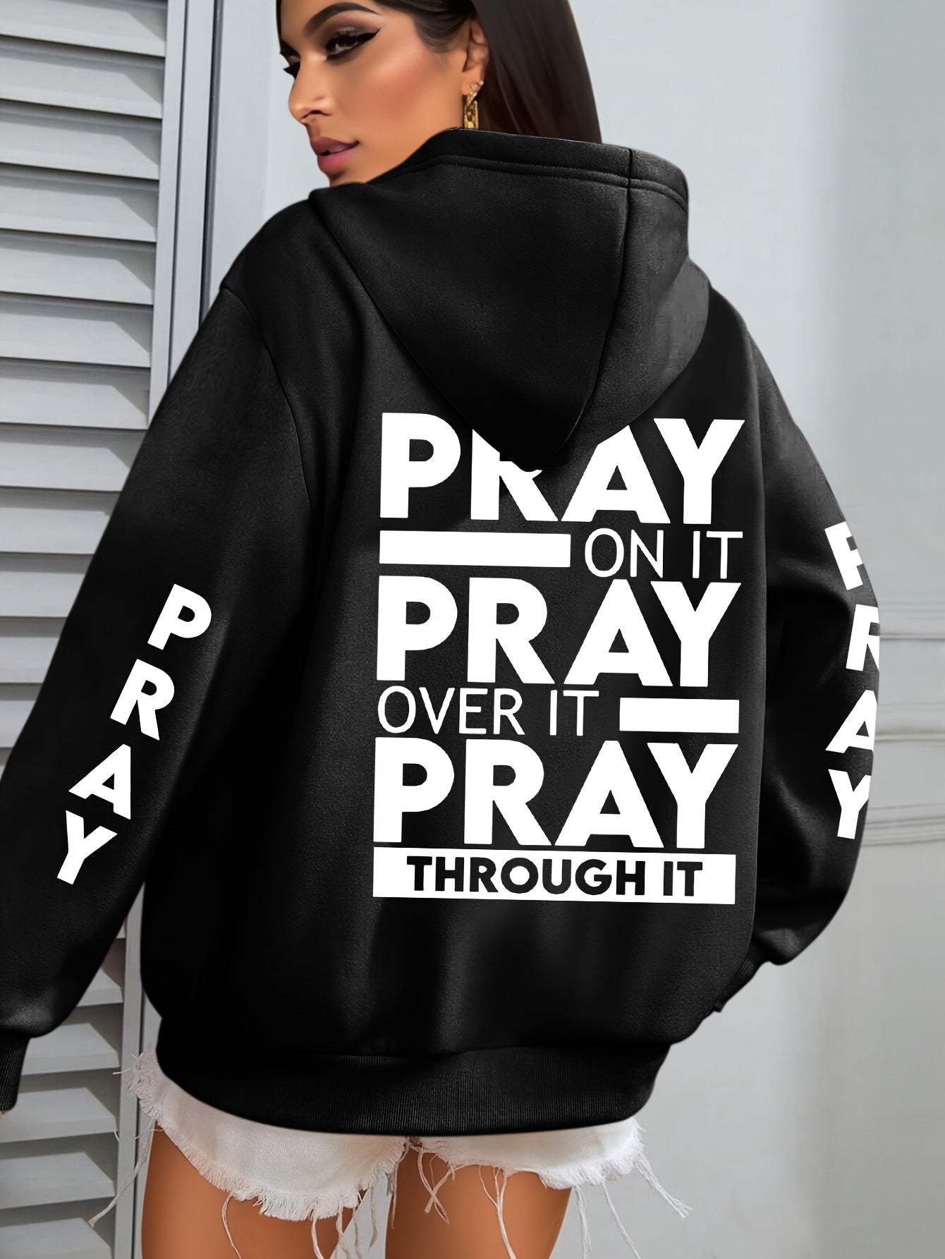 Plus Size PRAY Print Kangaroo Pocket Hoodie - Cozy Casual Long Sleeve Drawstring Sweatshirt with Relaxed Fit for Spring and Fall, Soft and Breathable Fabric, Women's Comfortable Plus Size Clothing
