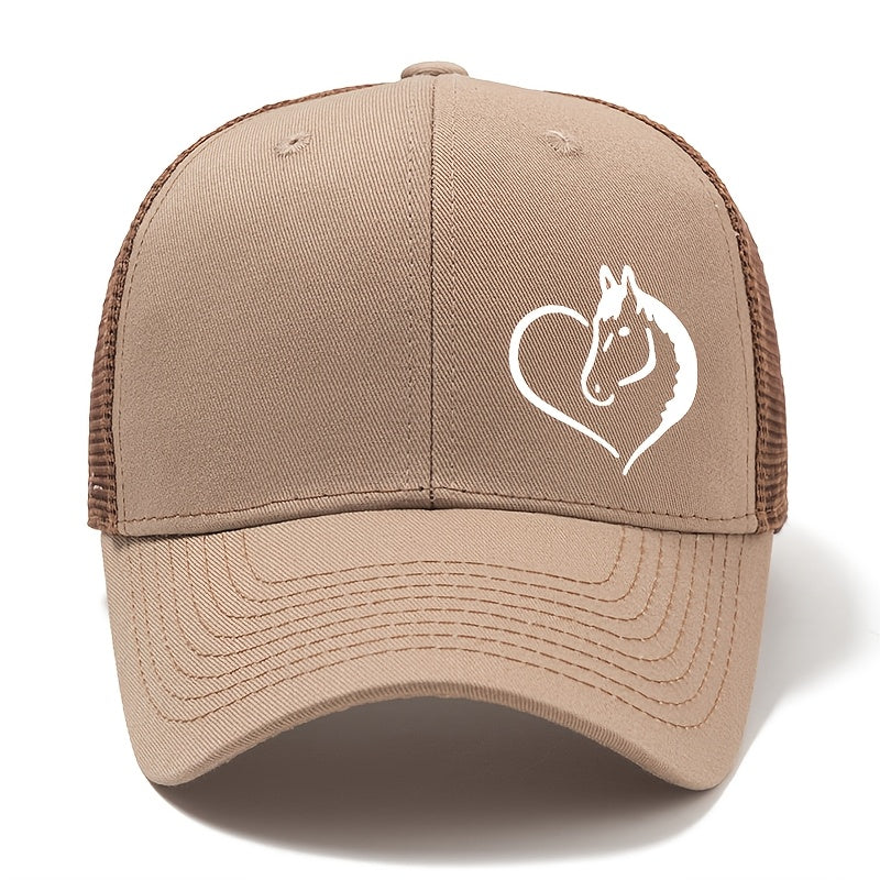 Fashionable Outdoor Sunshade Baseball Cap with a Heart And Horse Pattern, Suitable for Both Men And Women, Perfect for Casual Wear, Outdoor Parties, And Truck Drivers.