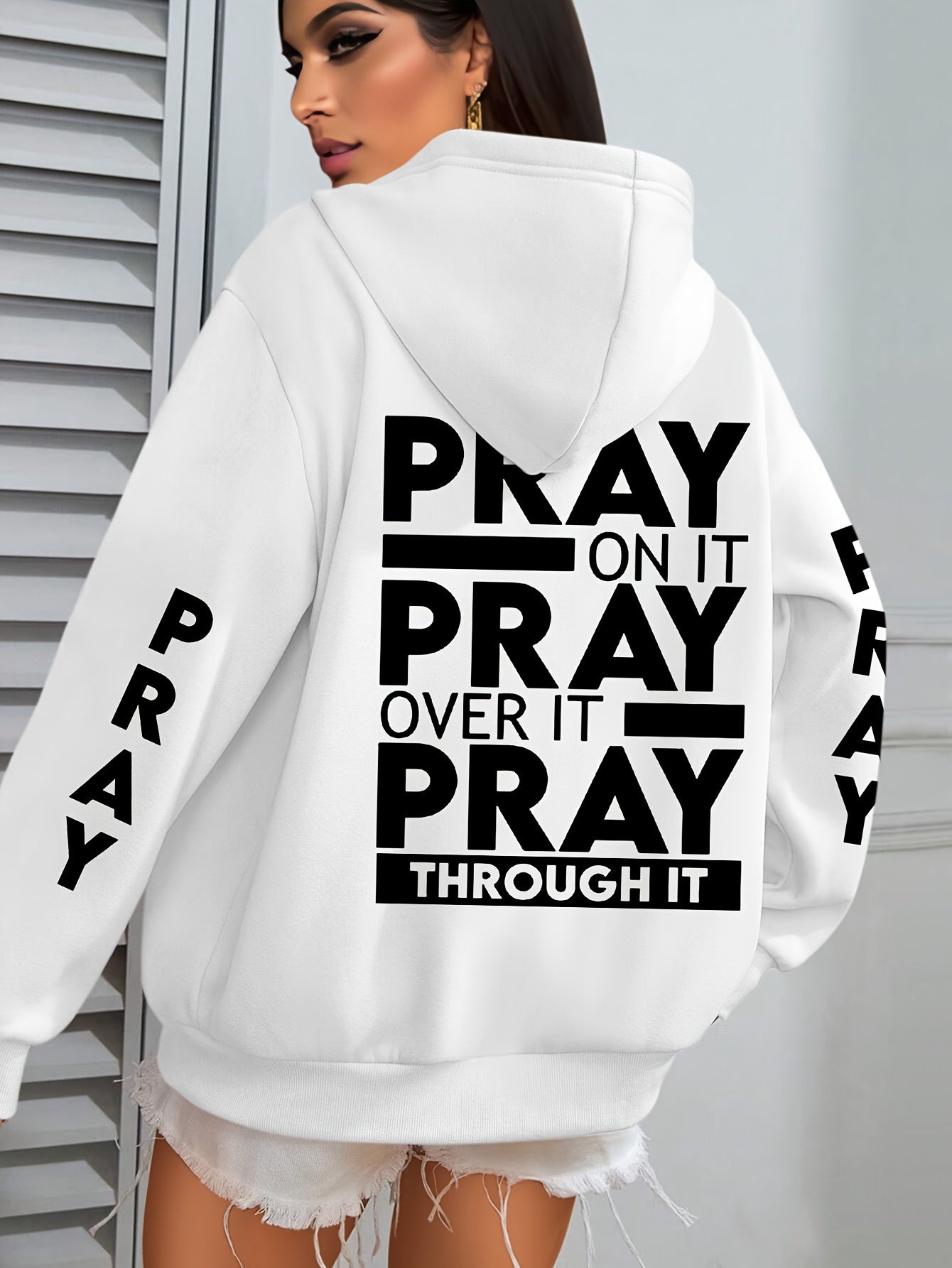 Plus Size PRAY Print Kangaroo Pocket Hoodie - Cozy Casual Long Sleeve Drawstring Sweatshirt with Relaxed Fit for Spring and Fall, Soft and Breathable Fabric, Women's Comfortable Plus Size Clothing