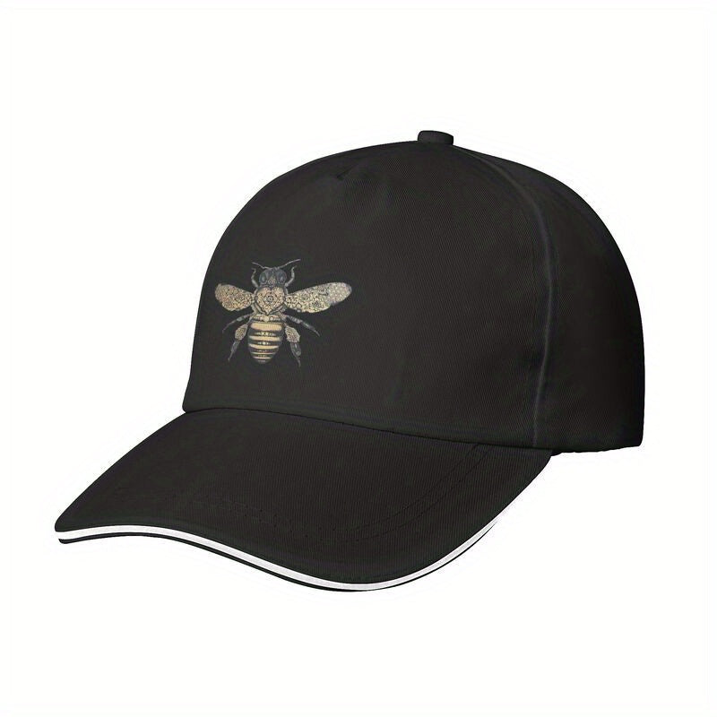 Bee Print Baseball Cap, 100% Polyester Casual Trucker Hat, Adjustable Lightweight Hand-Woven with Zip Closure, Non-Elastic Summer Sun Protection for Golf, Sun Protection Hat | Headgear | Zipper Closure Cap