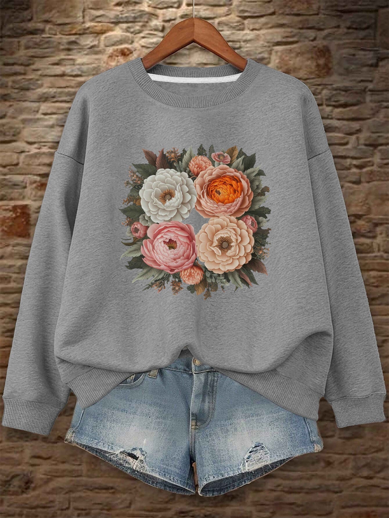 TeeDiy Women's Floral Embroidered Sweatshirt - Casual Long Sleeve, Round Neck, 100% Polyester, Machine Washable - Elegant Black with Pink & Orange Flowers, Perfect for Fall/Winter