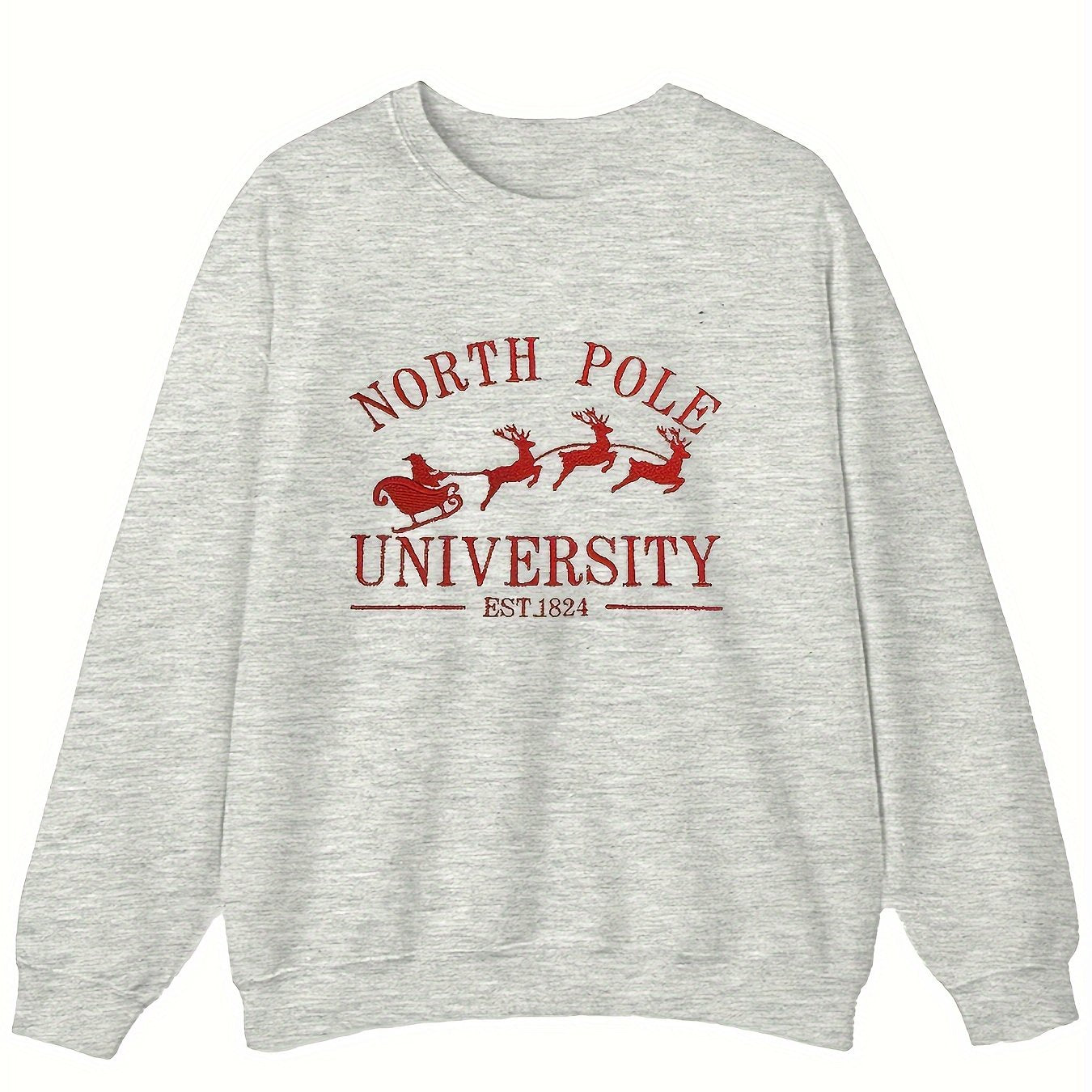 Women's Long Sleeve French Text Embroidered Round Neck Sweatshirt NORTH POLE UNIVERSITY