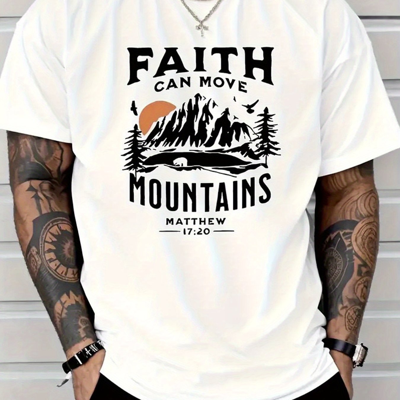 Faith Can Move Mountains Men's 100% Cotton T-Shirt - Inspirational Biblical Print, Round Neck Short Sleeve Casual Tee, Black with White Lettering, Seasonal Trendy High Street Fashion, Casual Wear | Faith Inspired Design | Com
