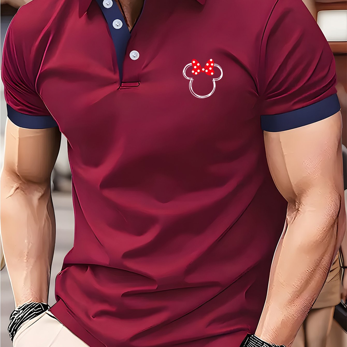 Disney Minnie Mouse Bow Print Men's Shirt - Maroon & Navy Color Block Collar & Cuffs, Lightweight Quick-Dry Polyester, Breathable Golf & Tennis Shirt, Business Casual Summer Top, Machine Washable Gift for Him, Breathable Poly