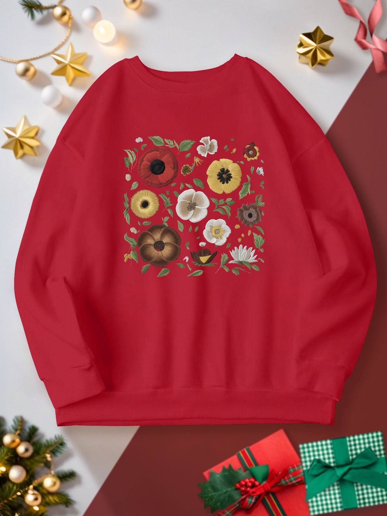 Women's Plus Size Floral Embroidery Sweatshirt - Casual Crew Neck, Long Sleeve Pullover for Fall/Winter, Machine Washable