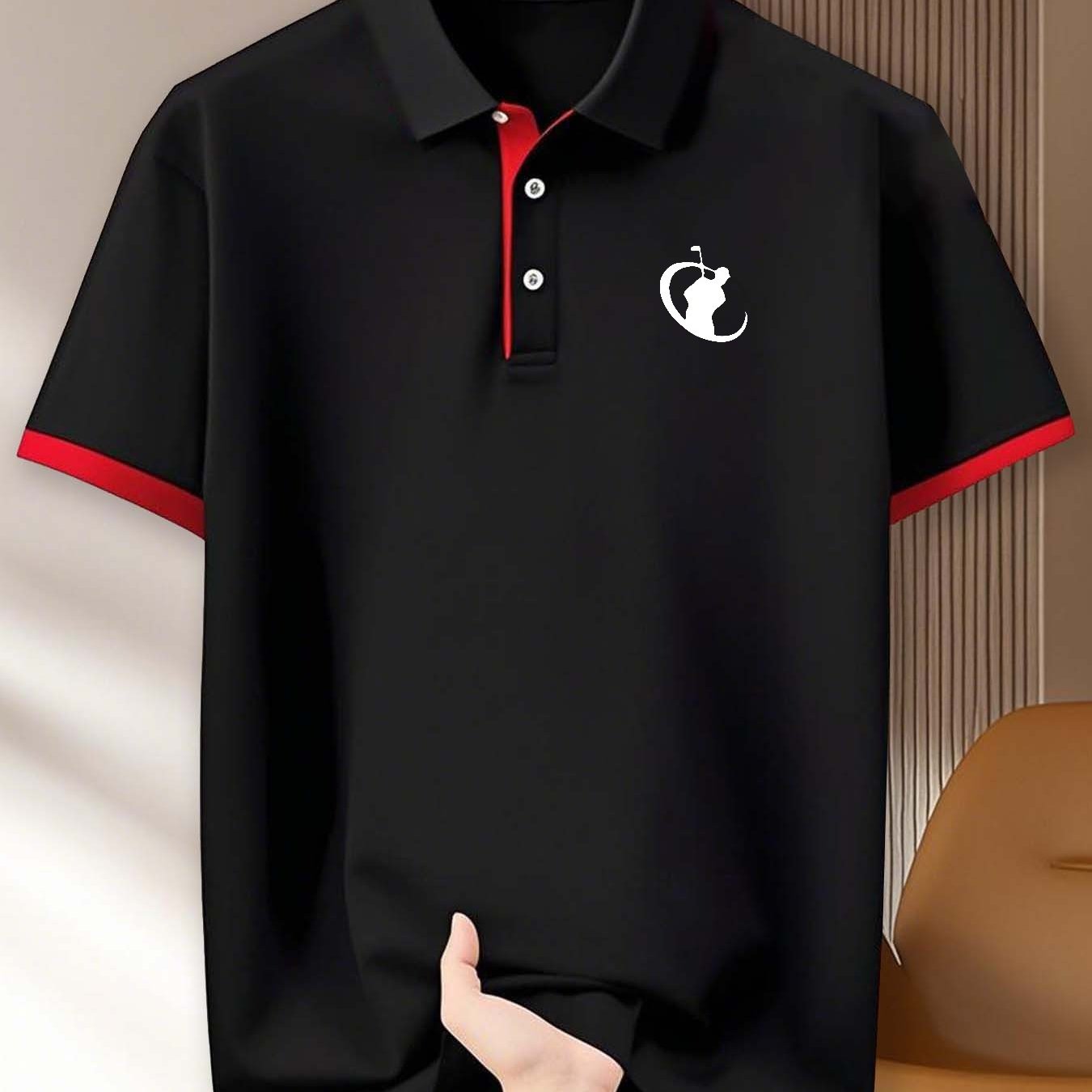 Men's 230g Breathable Shirt - Golf Print Short Sleeve with Contrast Collar, Geometric Pattern Summer Sportswear for Golf Gym Running Training, Business Casual Gift for Dad & Boyfriend, Golf Shirt, Comfortable Fit
