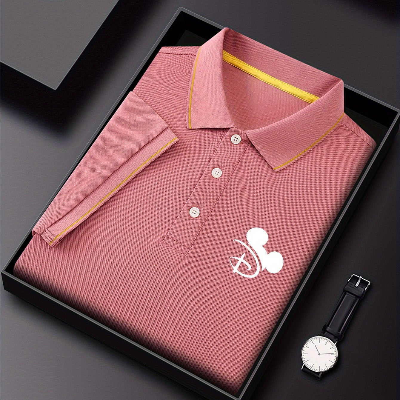Disney Mickey Head Print Shirt for Men & Women - Color Block Collar Design, Lightweight Quick-Dry Breathable Polyester Golf Shirt, Business Casual Summer Top with Gift Box Packaging, Ideal for Golf, Tennis & Outdoor Activitie