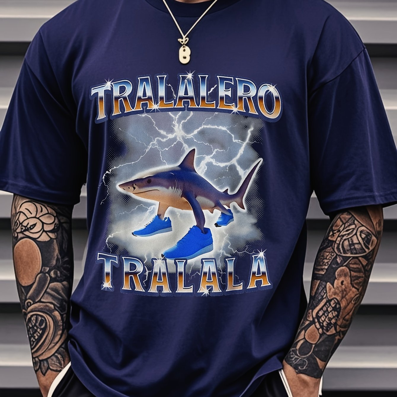 Tralalero Men's Shark Lightning Graphic T-Shirt - Bold TRAALERO TRAALALA Design, Vibrant Blue Casual Streetwear, Regular Fit Short Sleeve Tee for Music Festivals, Concerts & Beach Days, Concert Attire, Festival Clothing, Digi