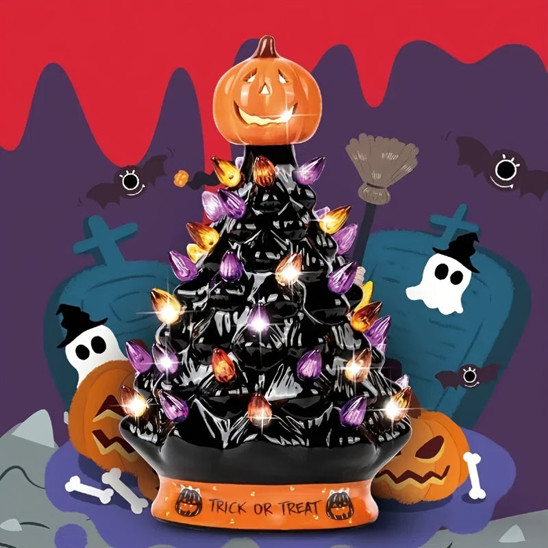 2025 Best Christmas Tree - Ceramic Tree for Halloween/Christmas Decoration Orange Pumpkin Head - Trick Or Treat- LED Light Up, Battery not Included - Christmas/Halloween Gift