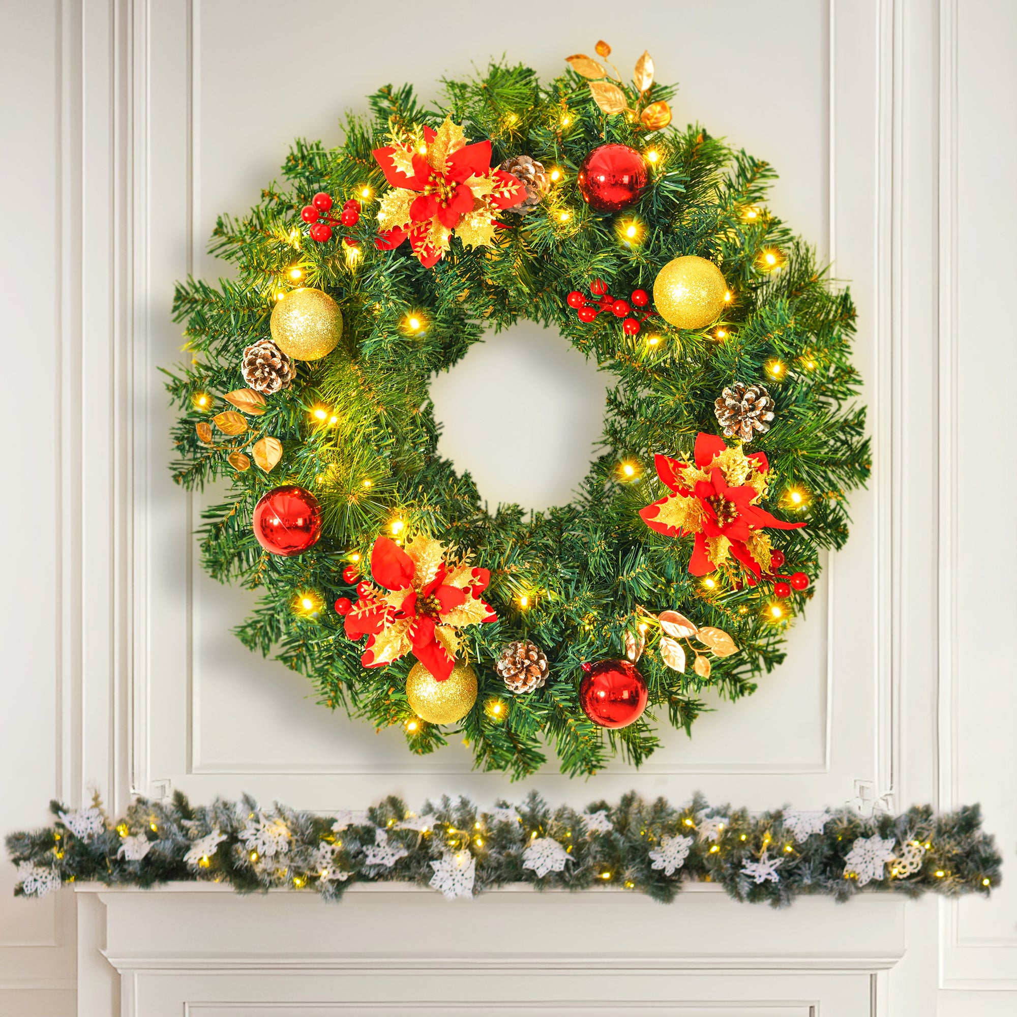 28inch 8 Modes Extra Large Pre-lit Christmas Wreath Artificial Deluxe Lighted Christmas Wreath Decorations Ornament with LED Lights Door Window Fireplace Decor Timer Function